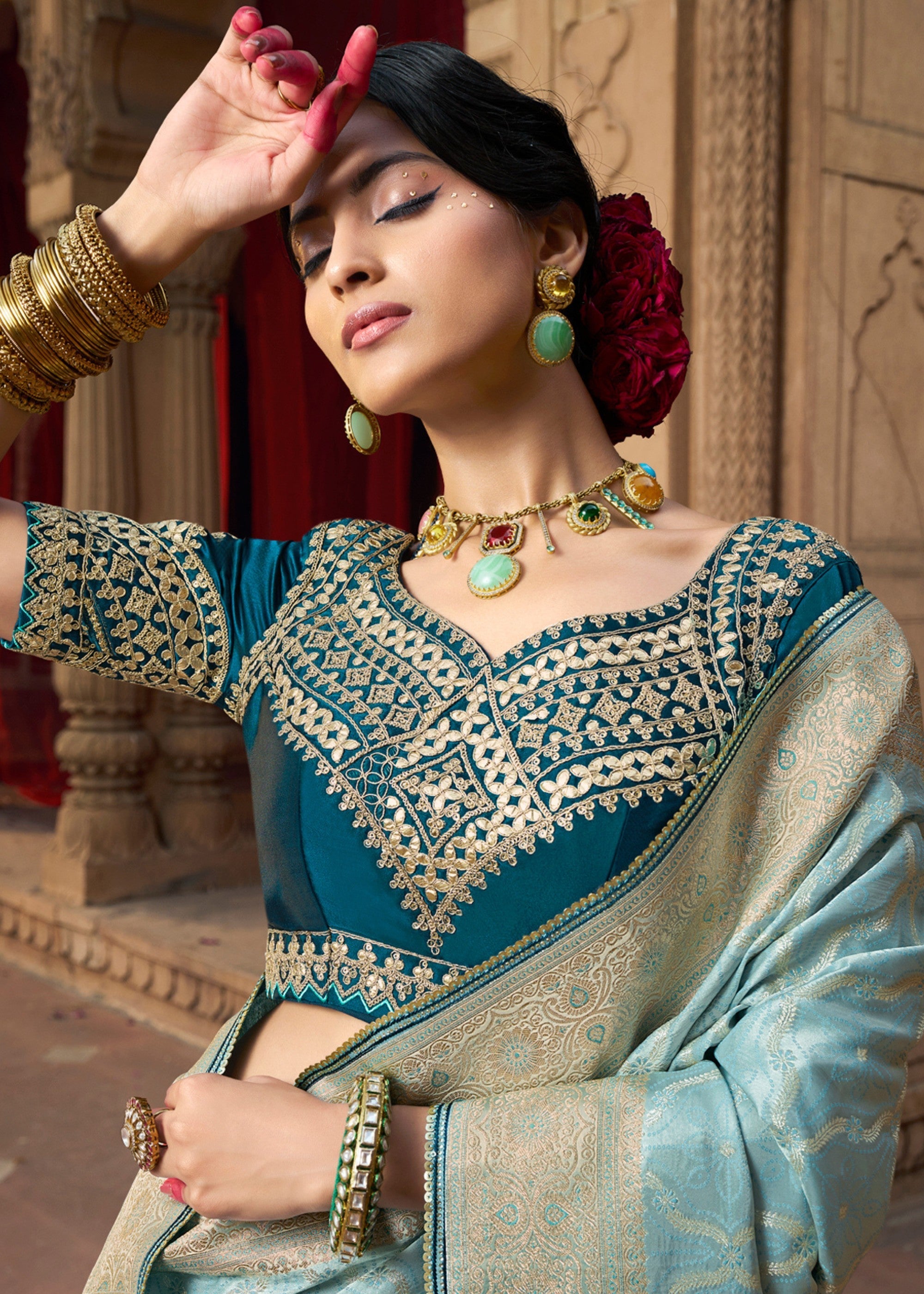 Sky Blue Satin Silk Saree With Beautiful Lace Border And Heavy Designer Embroidered Blouse - qivii