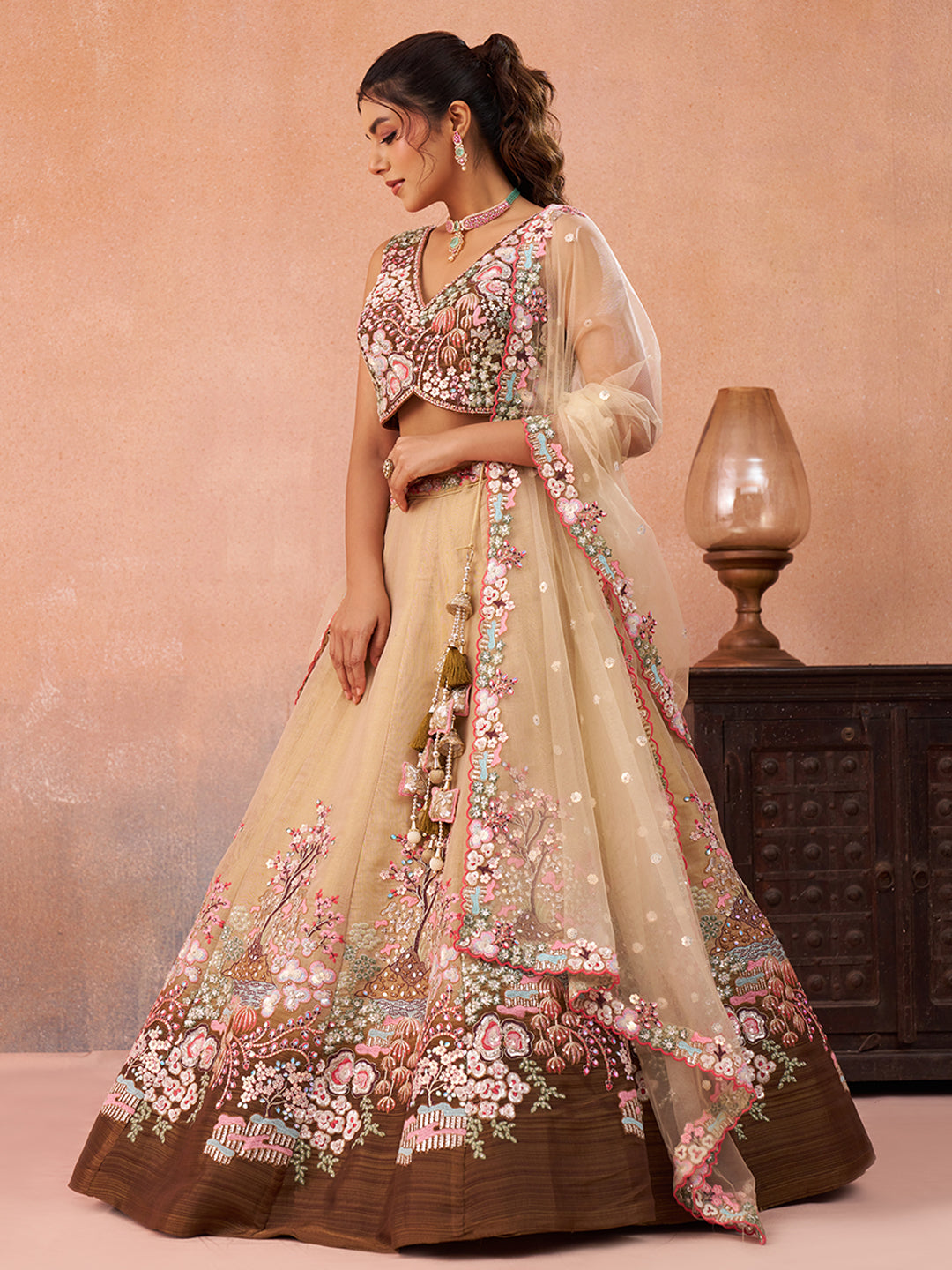 Brown Sequins Embroidered Omber Brown Lehenga Set