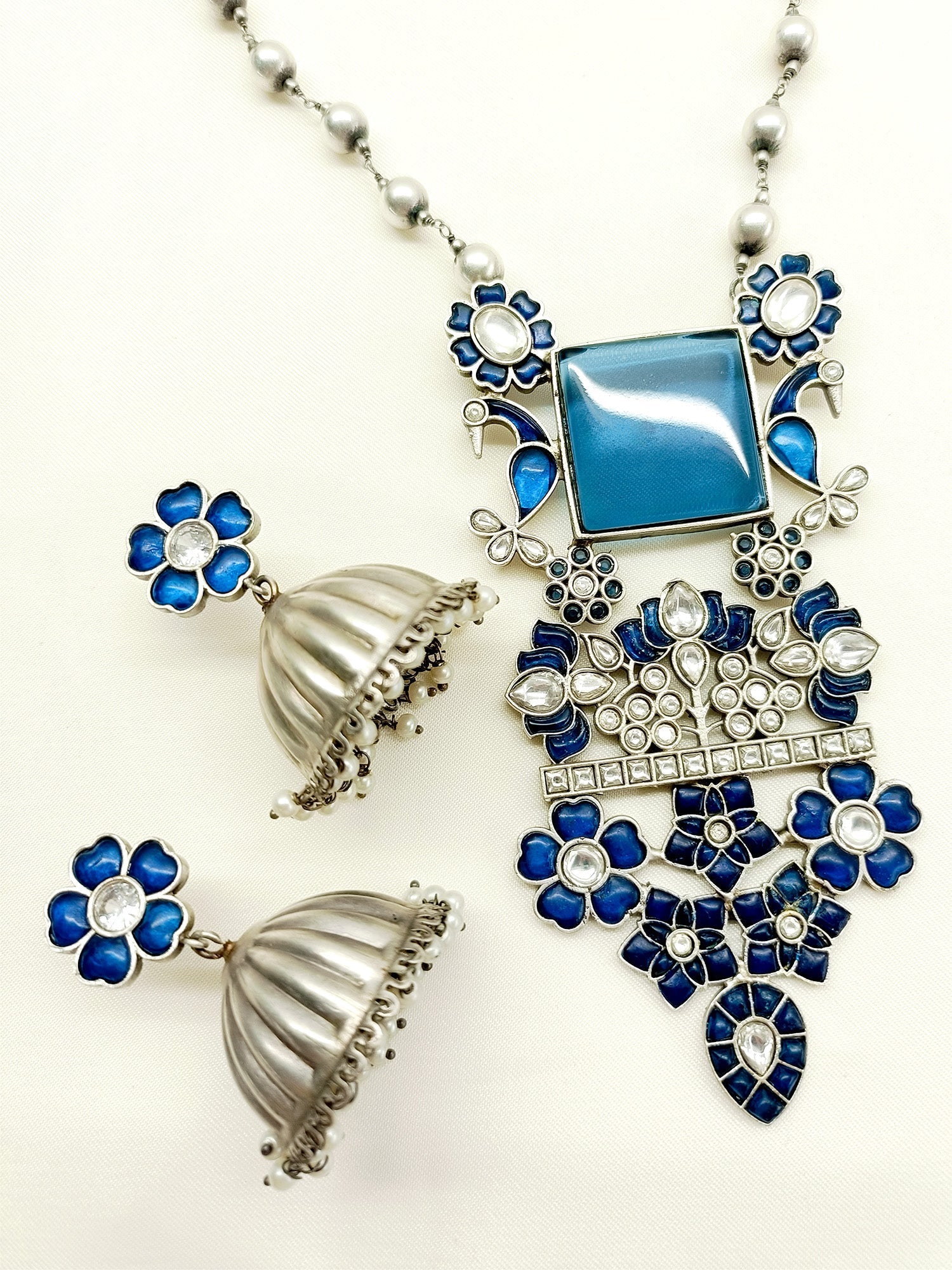 Gureza Navy Blue German Silver Oxidized Pendant Set - qivii