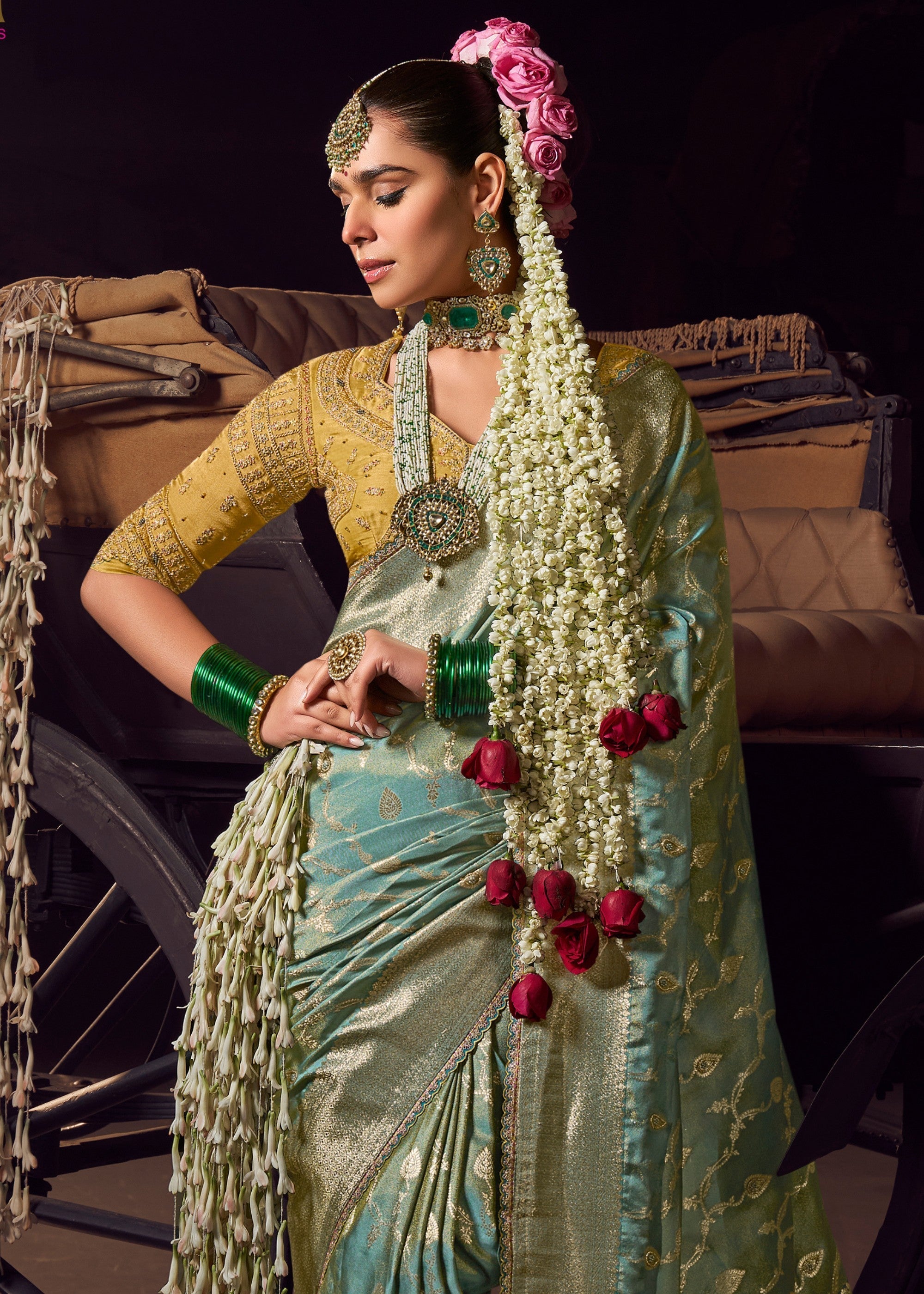 Frost Blue Viscose Tissue Silk Saree with Handworked Pallu And Contrast Designer Blouse - qivii