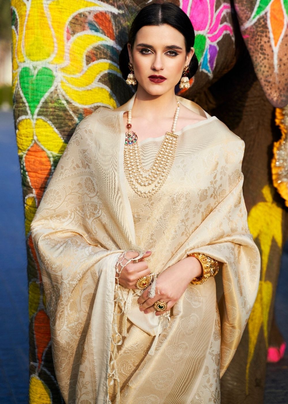 White Gold Handloom Weave Kanjivaram Silk Saree - qivii