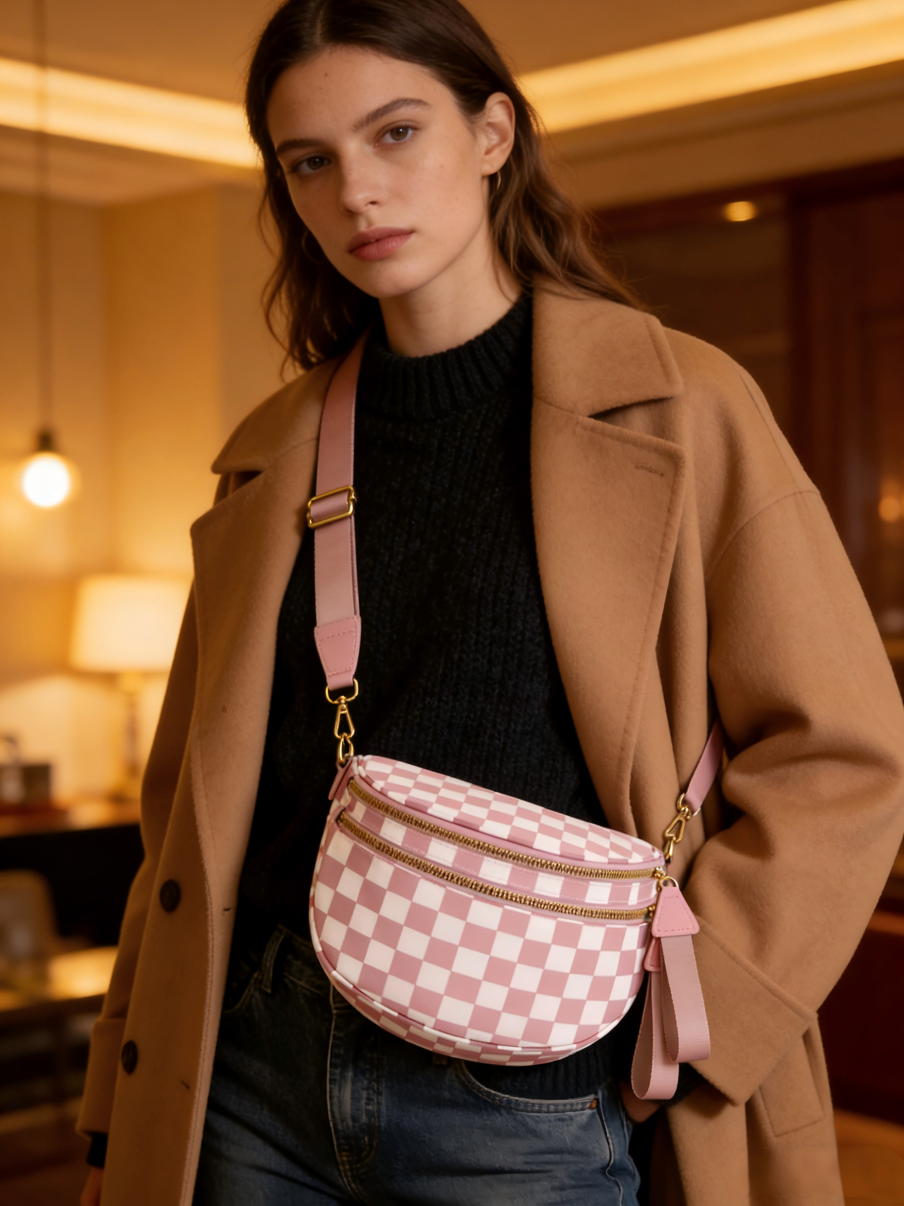 Ounamei Checkered Crossbody Bum Bag for Women Large Capacity Belt Bag for Moms & Everyday Travel