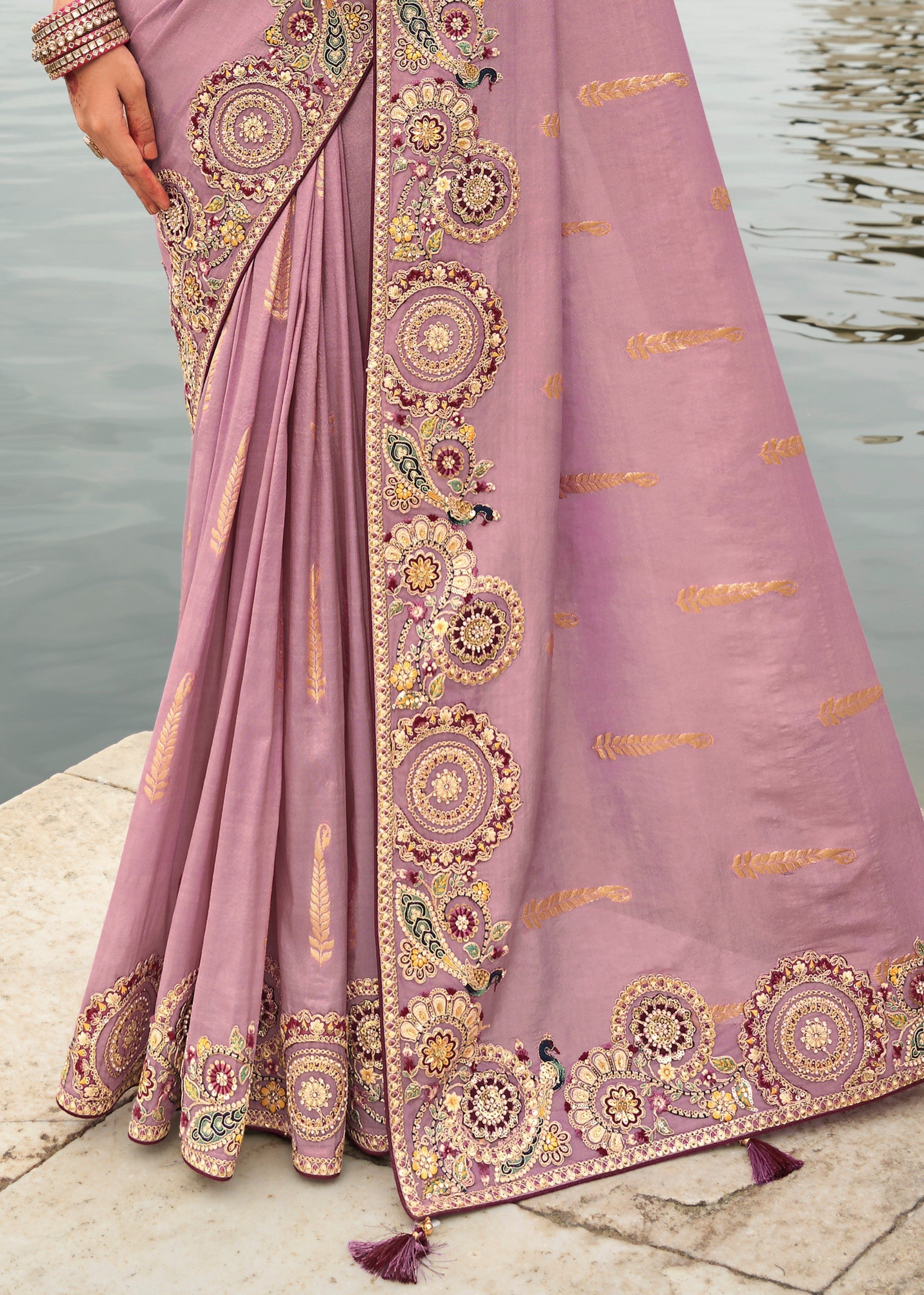 Lilac Purple Viscose Tissue Silk Saree With Embroidery Cut Work Border And Sequence Work - qivii
