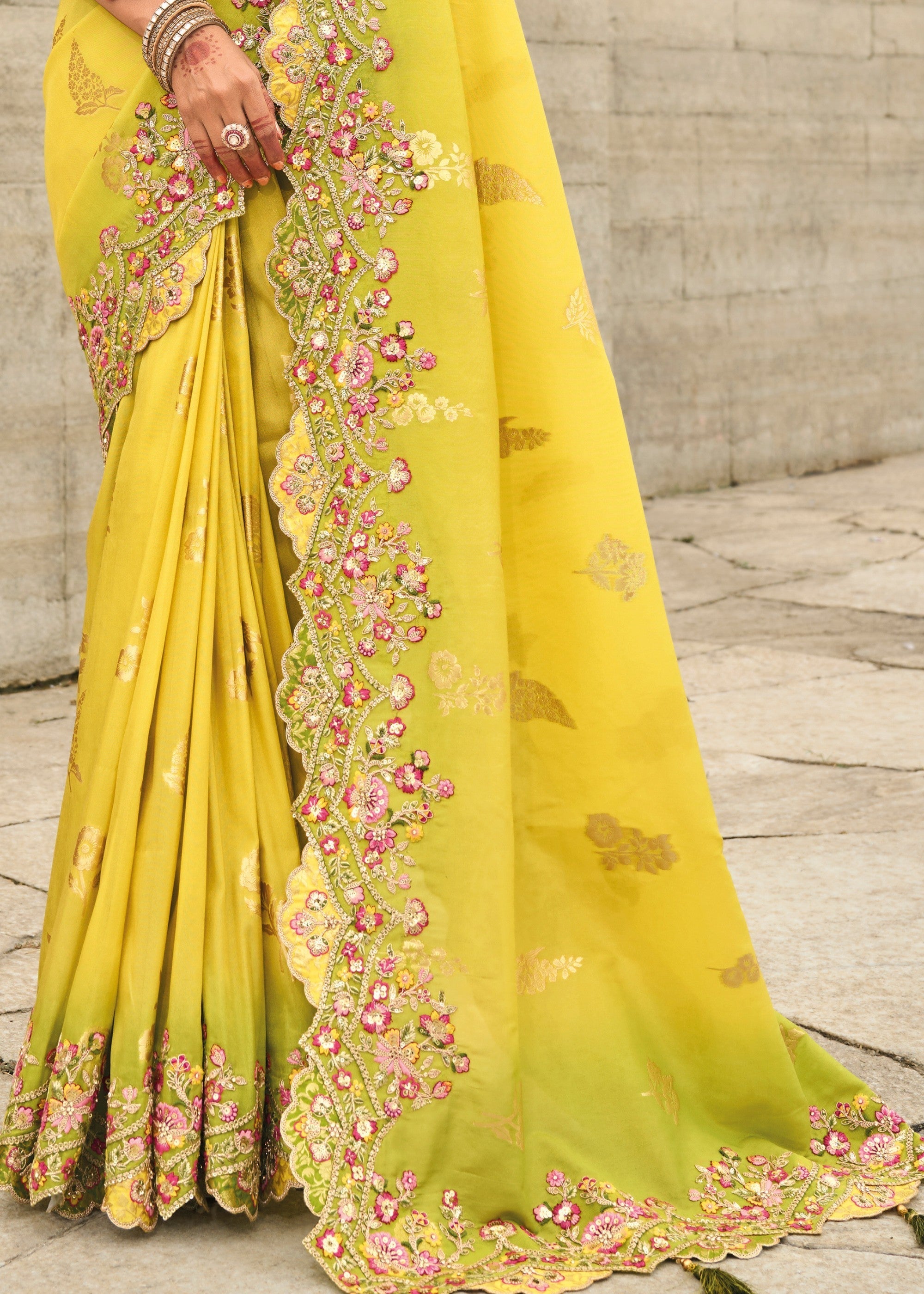 Bright Yellow Viscose Tissue Silk Saree With Embroidery Cut Work Border And Sequence Work - qivii