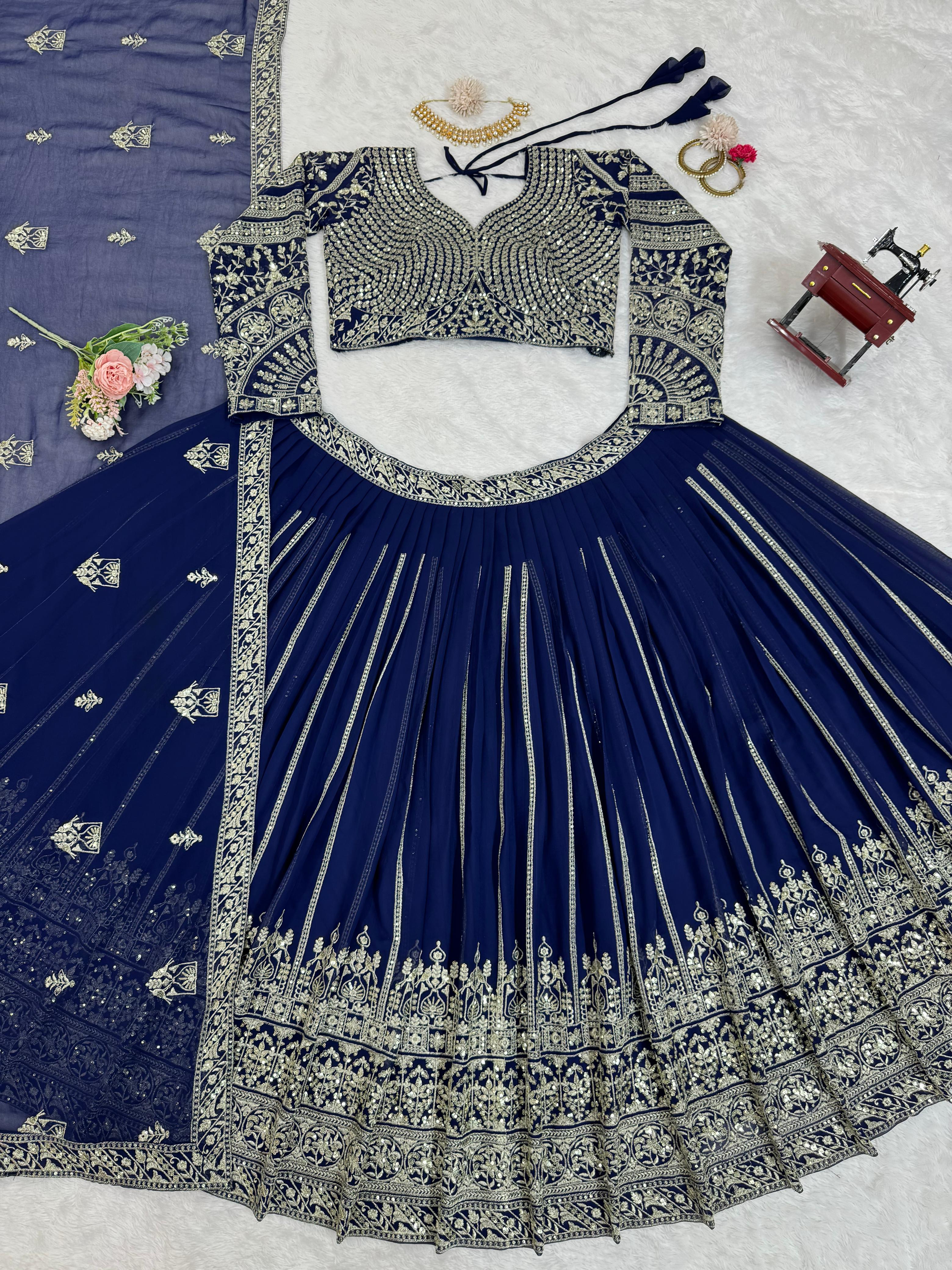 Navy Blue Foux Gorgette Thread with Sequnce Lehenga Choli - INSPIRED | Ready To Wear - qivii