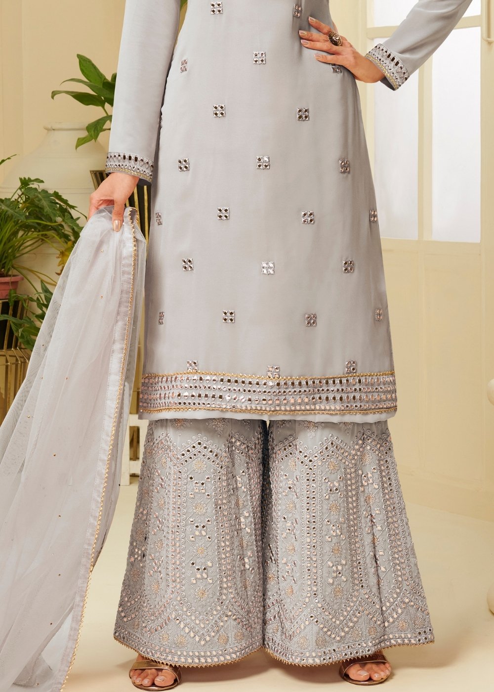 Cloud Grey Georgette Sharara Suit with Gota work & Embroidery - qivii
