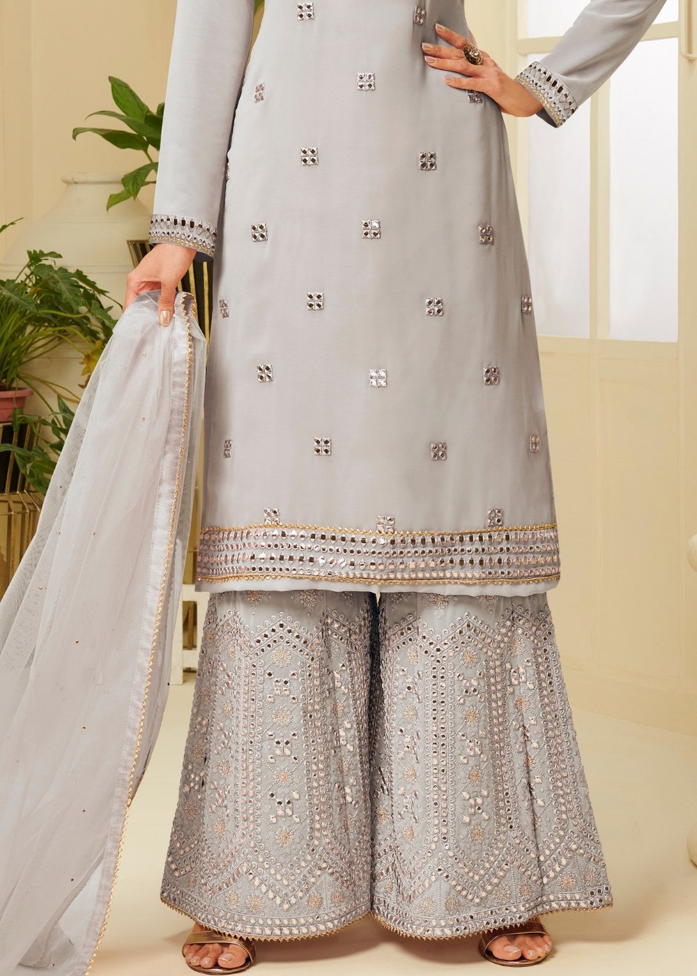 Cloud Grey Georgette Sharara Suit with Gota work & Embroidery By Qivii