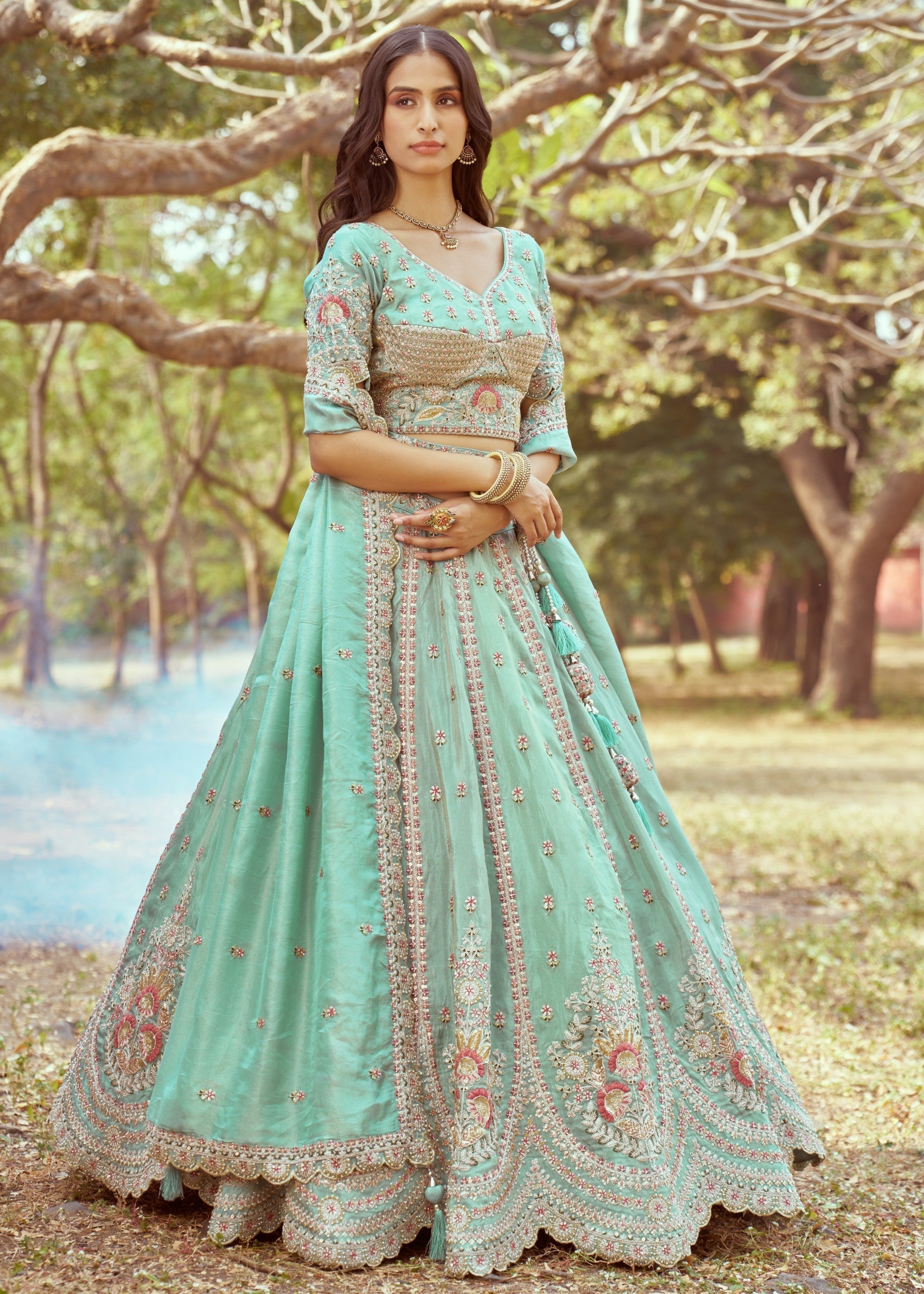 Seagreen Gold crushed Tissue Fabric Moti, Zari work Lehenga | Ready To Wear - qivii