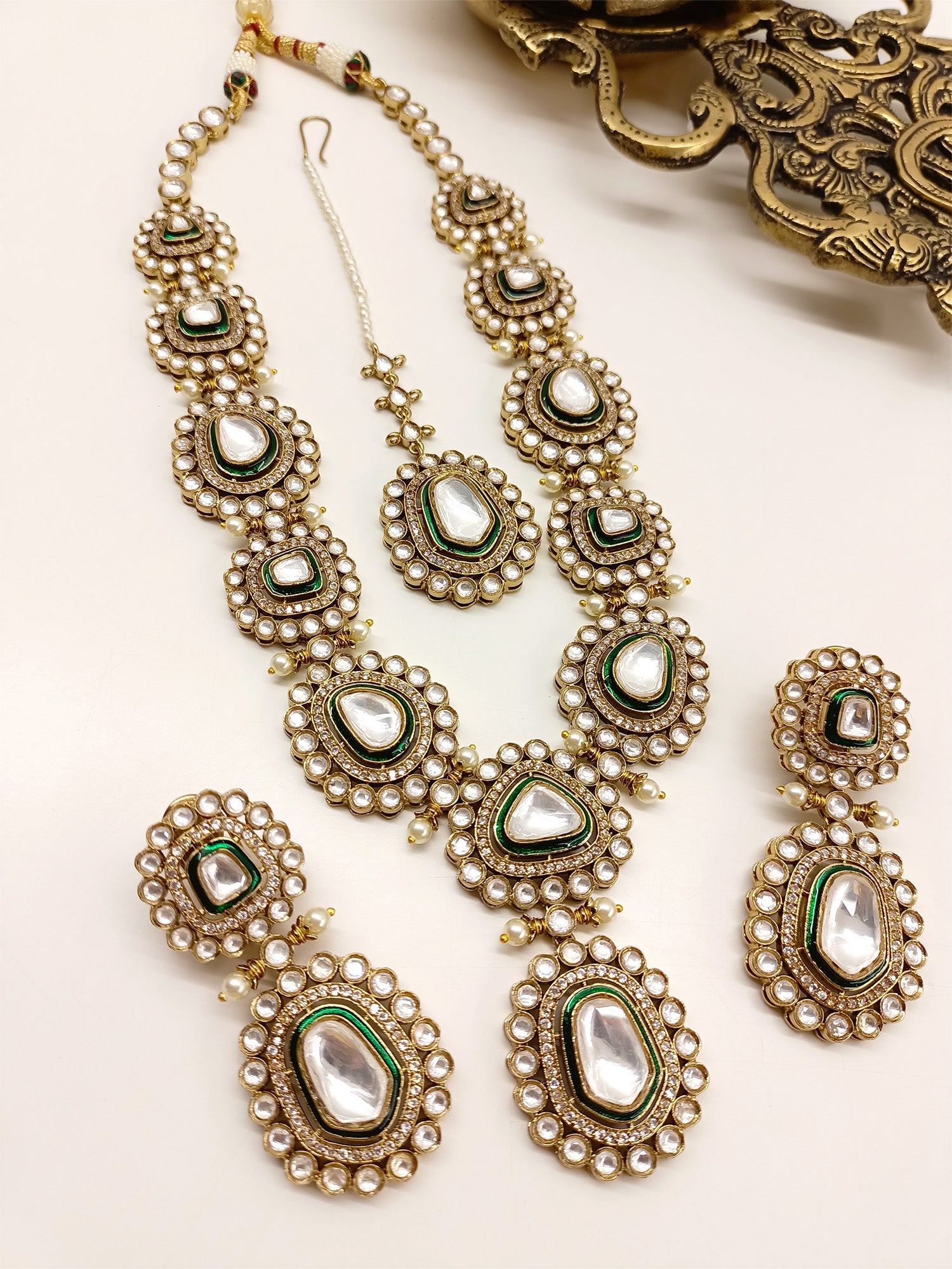 Sunidhi Green Polki Necklace Set - qivii