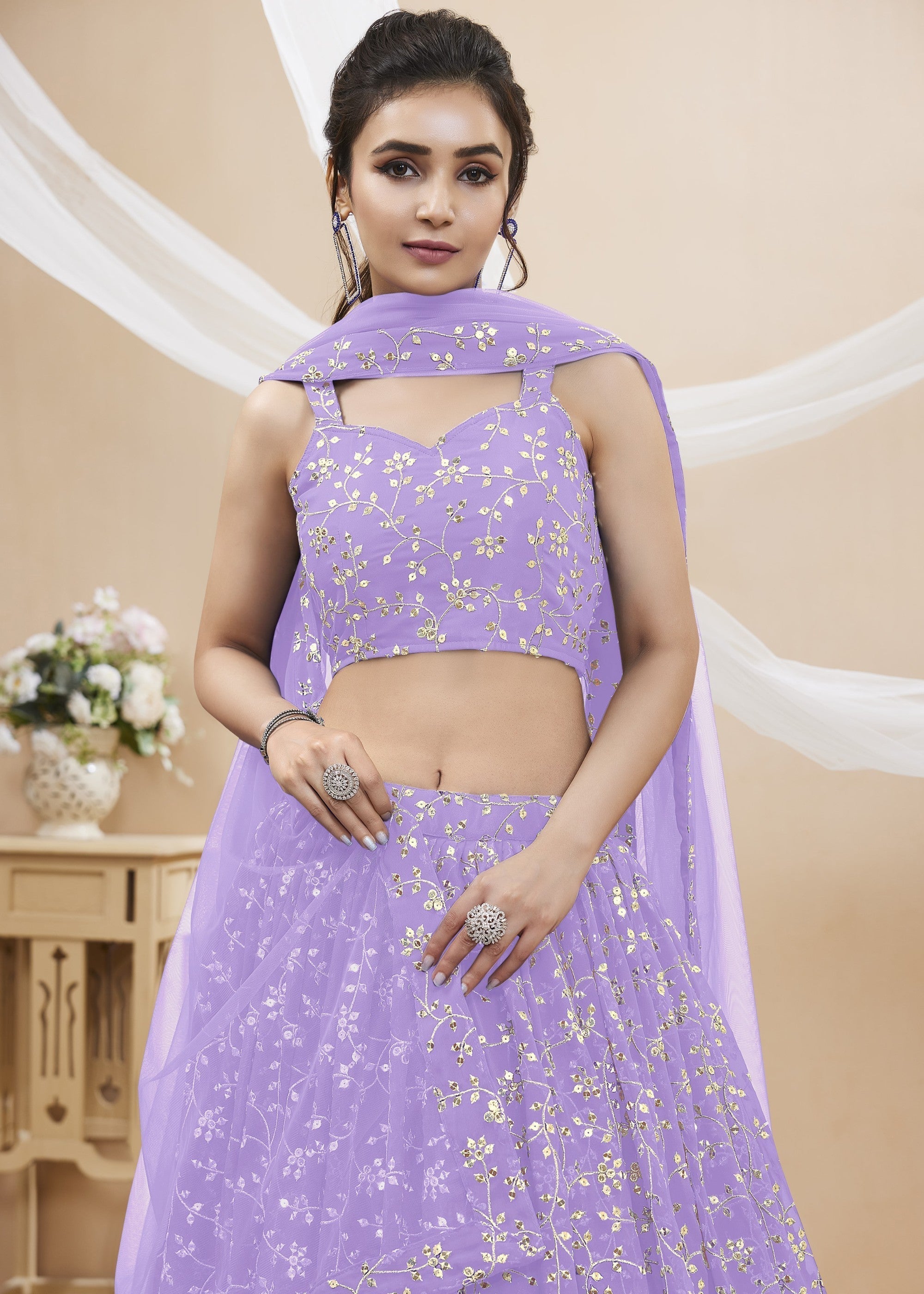 Lavender Purple Georgette Lehenga Choli With Sequins Zari Embroidered Work | Ready To Wear - qivii