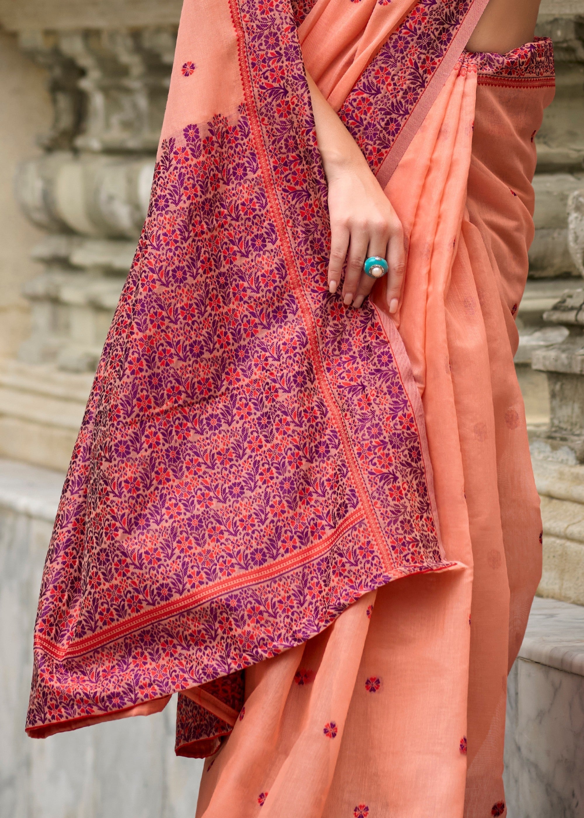 Coral Orange Soft Linen Cotton Silk Saree - qivii