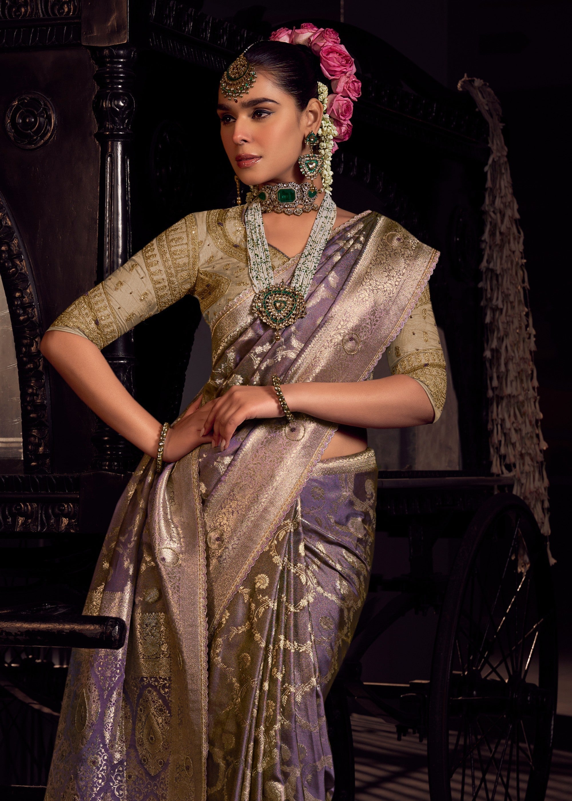 Heather Purple Viscose Tissue Silk Saree with Handworked Pallu And Contrast Designer Blouse - qivii