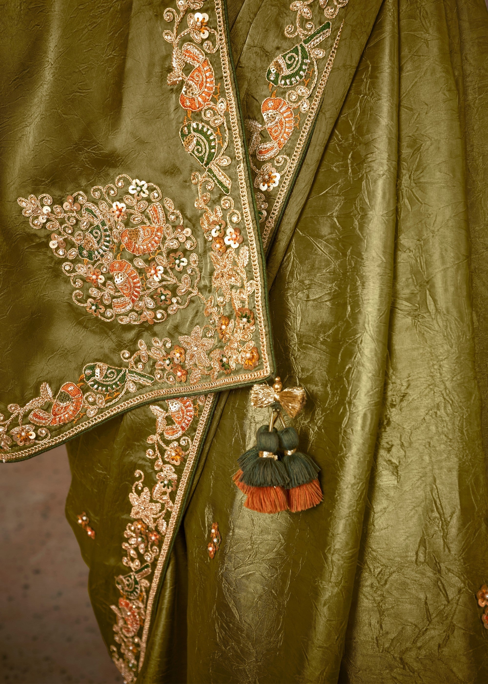Olive Green Glass Tissue Silk Saree With Sequins And Thread Embroidered Work - qivii