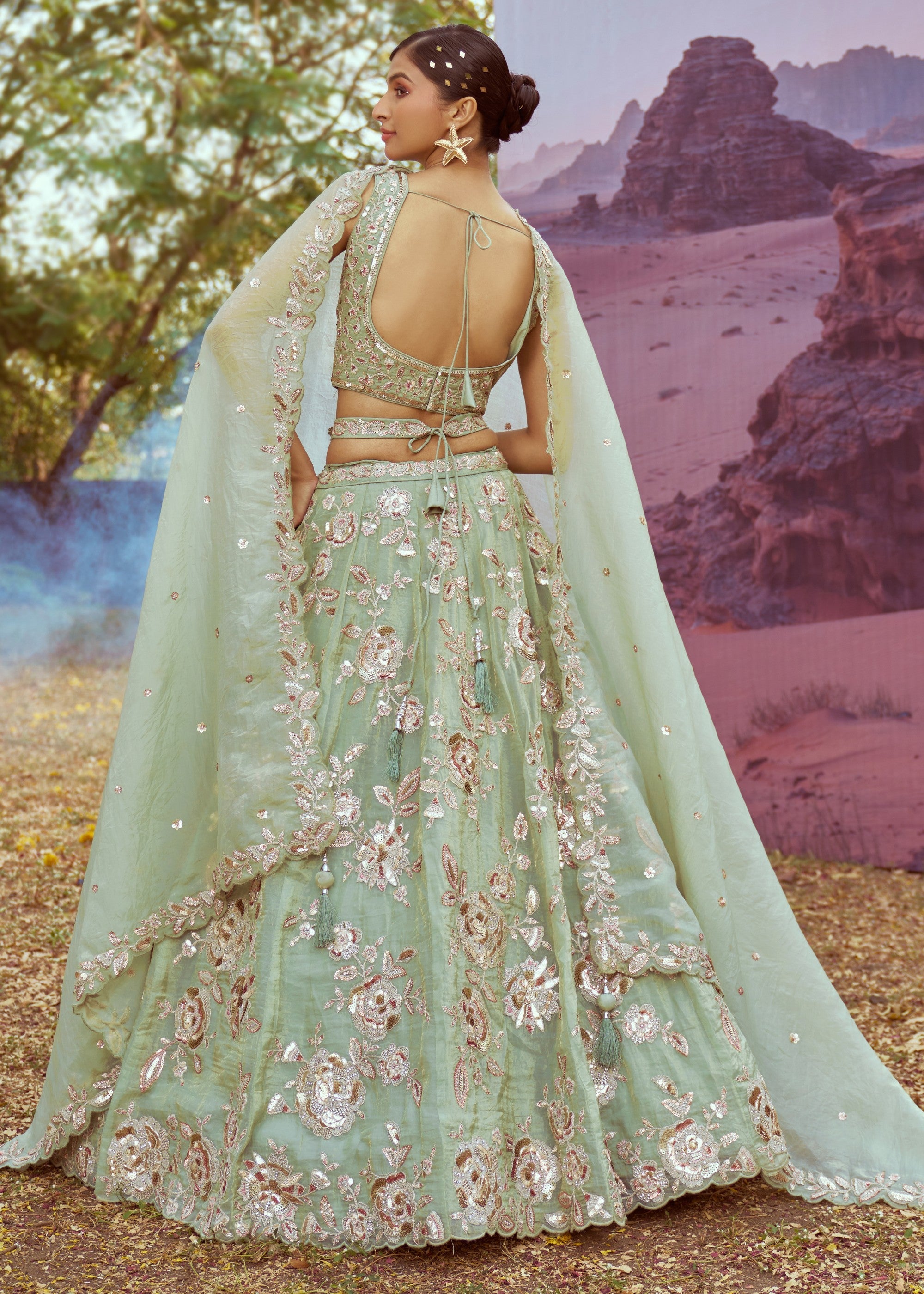 Lime Green Organza Sequins embroidery Lehenga | Ready To Wear - qivii