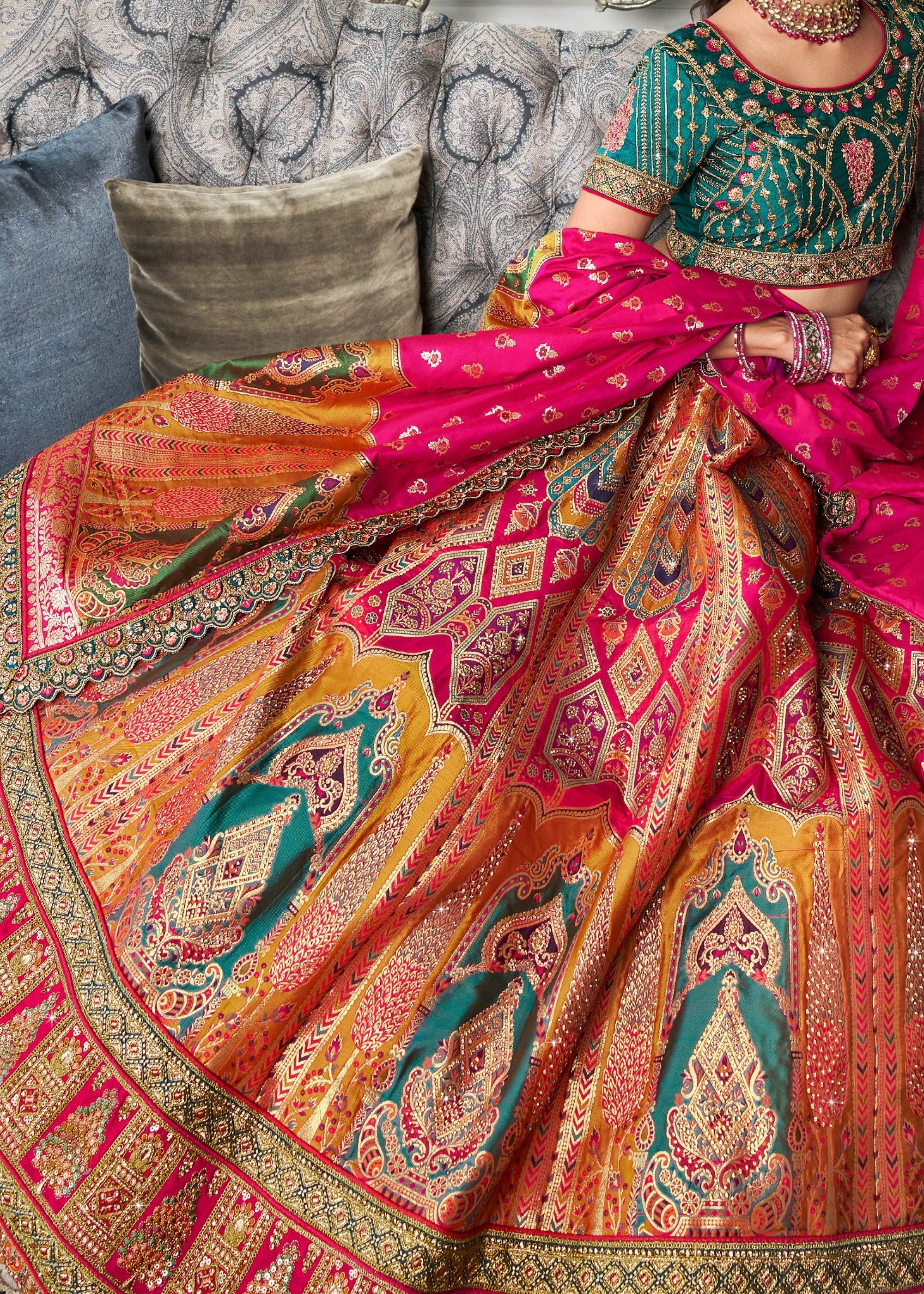 Hot Pink & Green Banarasi Silk Lehenga with Zarkan Codding work | Ready To Wear - qivii