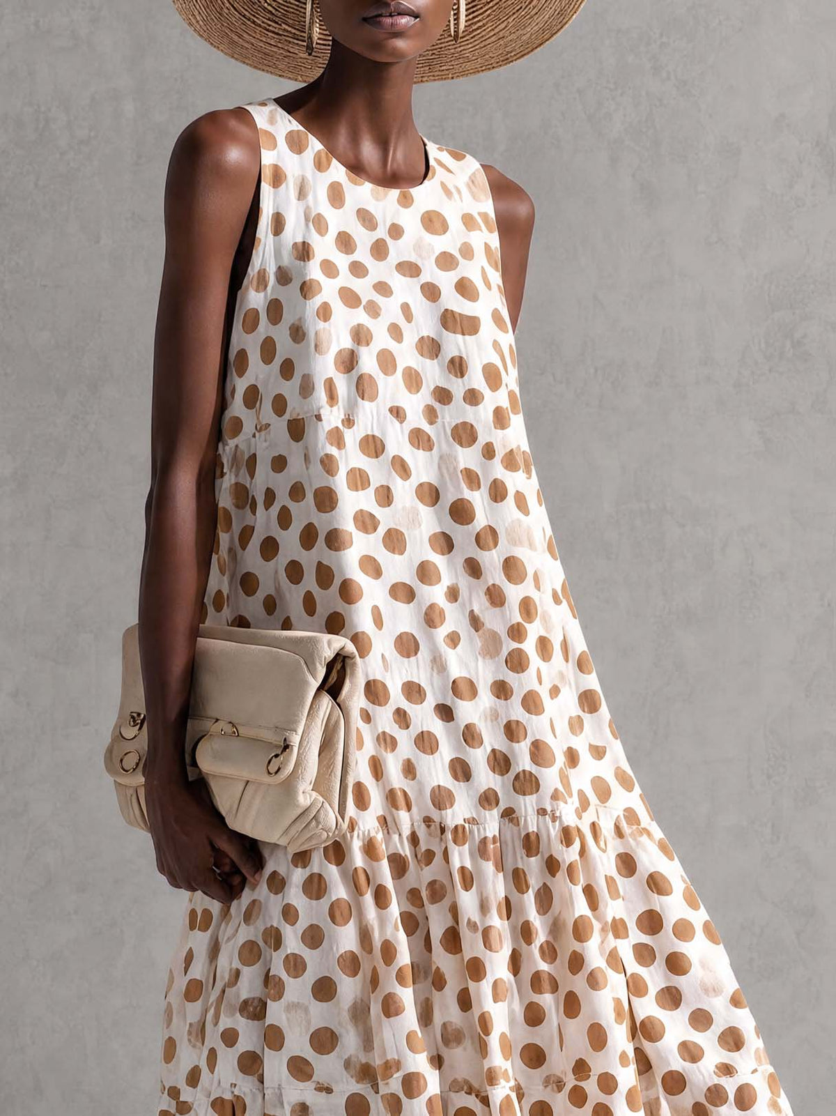 Fashionable Sophisticated Elegant Round Neck Sleeveless Polka Dot Printed Off-white Chiffon Vacation Maxi Dress - By Qivii
