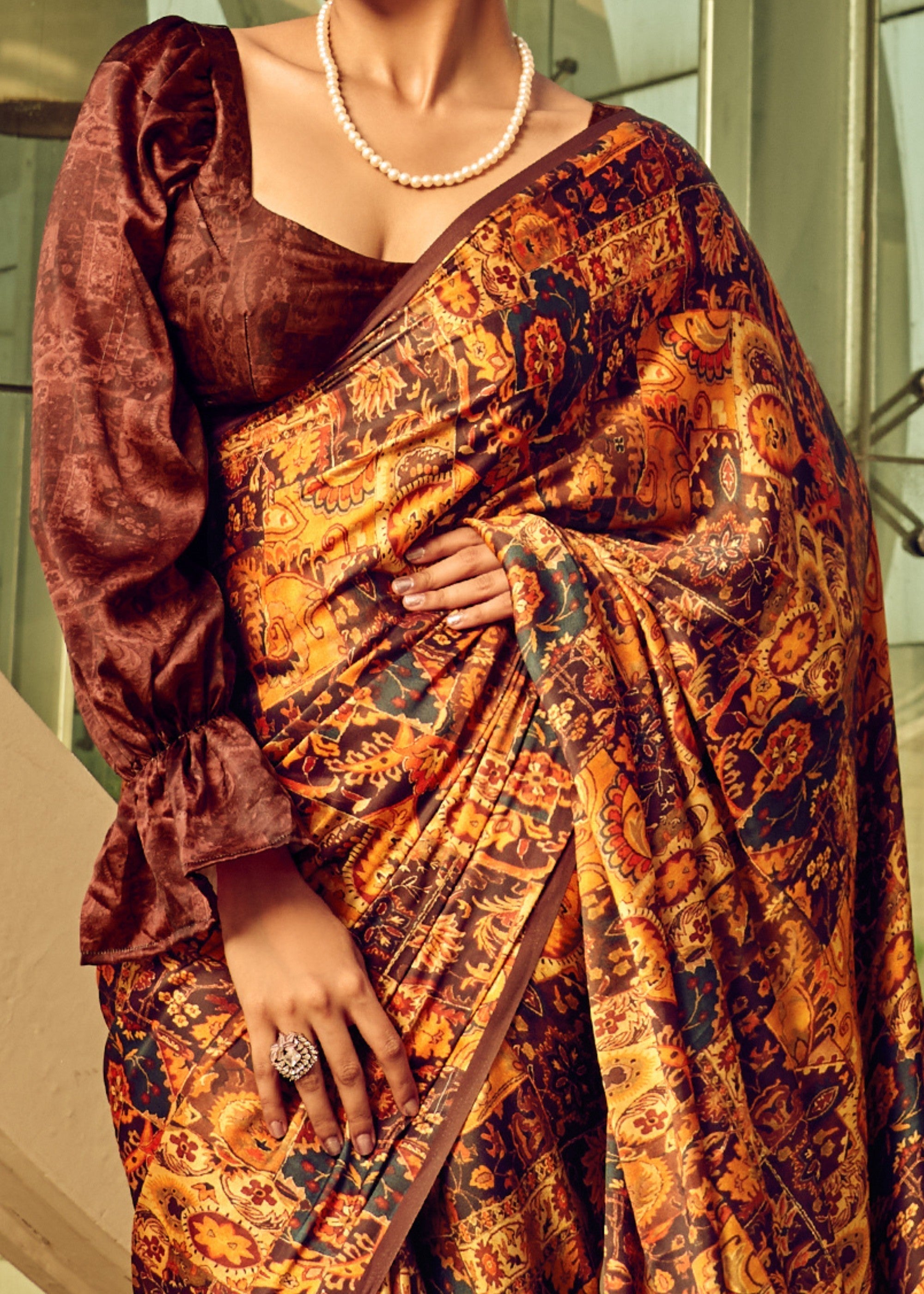 Brown Satin Digital Printed Saree - qivii