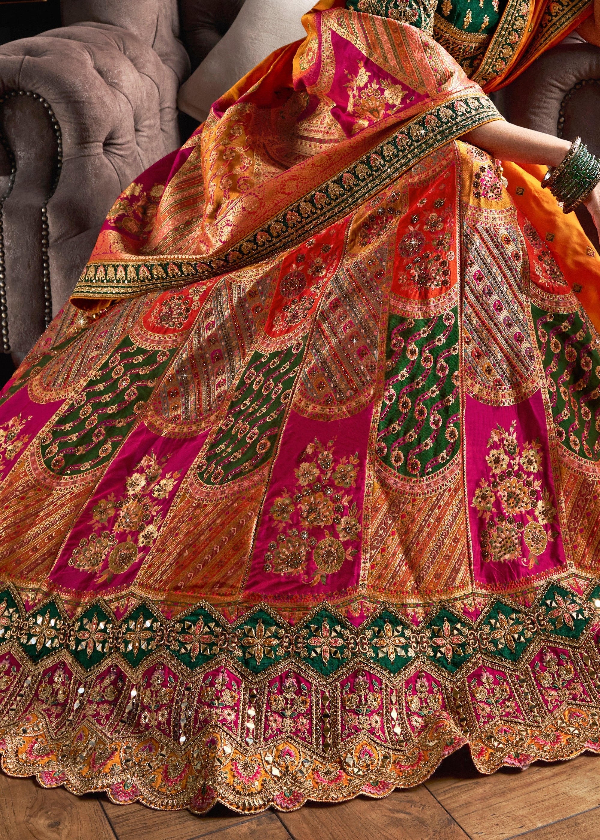 Green & Yellow Banarasi Silk Lehenga with Zarkan Codding work | Ready To Wear - qivii