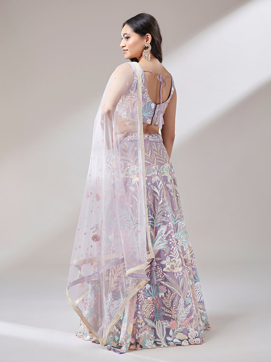 Lavender - Net Multi-Sequins Work Semi-Stitched Lehenga - qivii