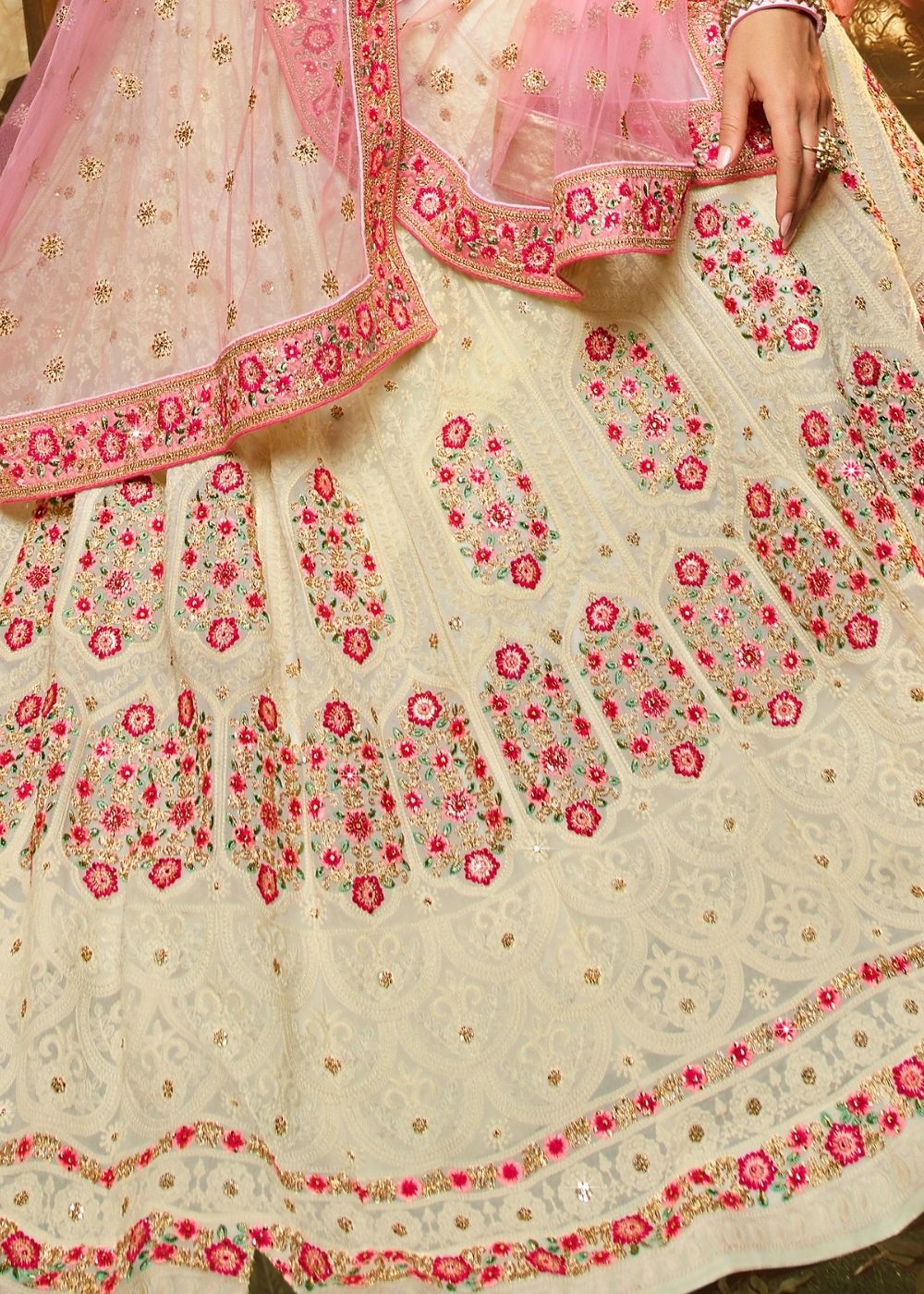 Ivory White Georgette Lehenga Choli with Thread, Zari, Sequin and Stone work | Ready To Wear - qivii