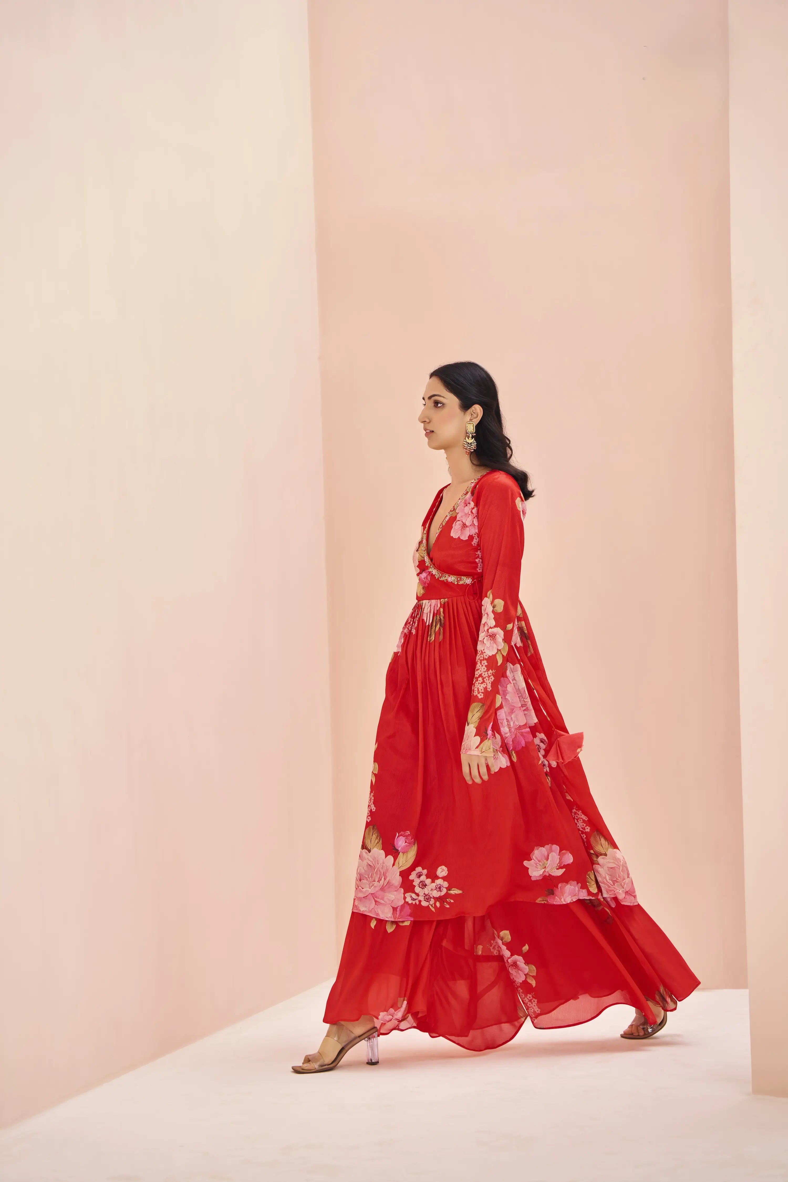 Red Printed Chinon Plazza Pair With Handwork - qivii