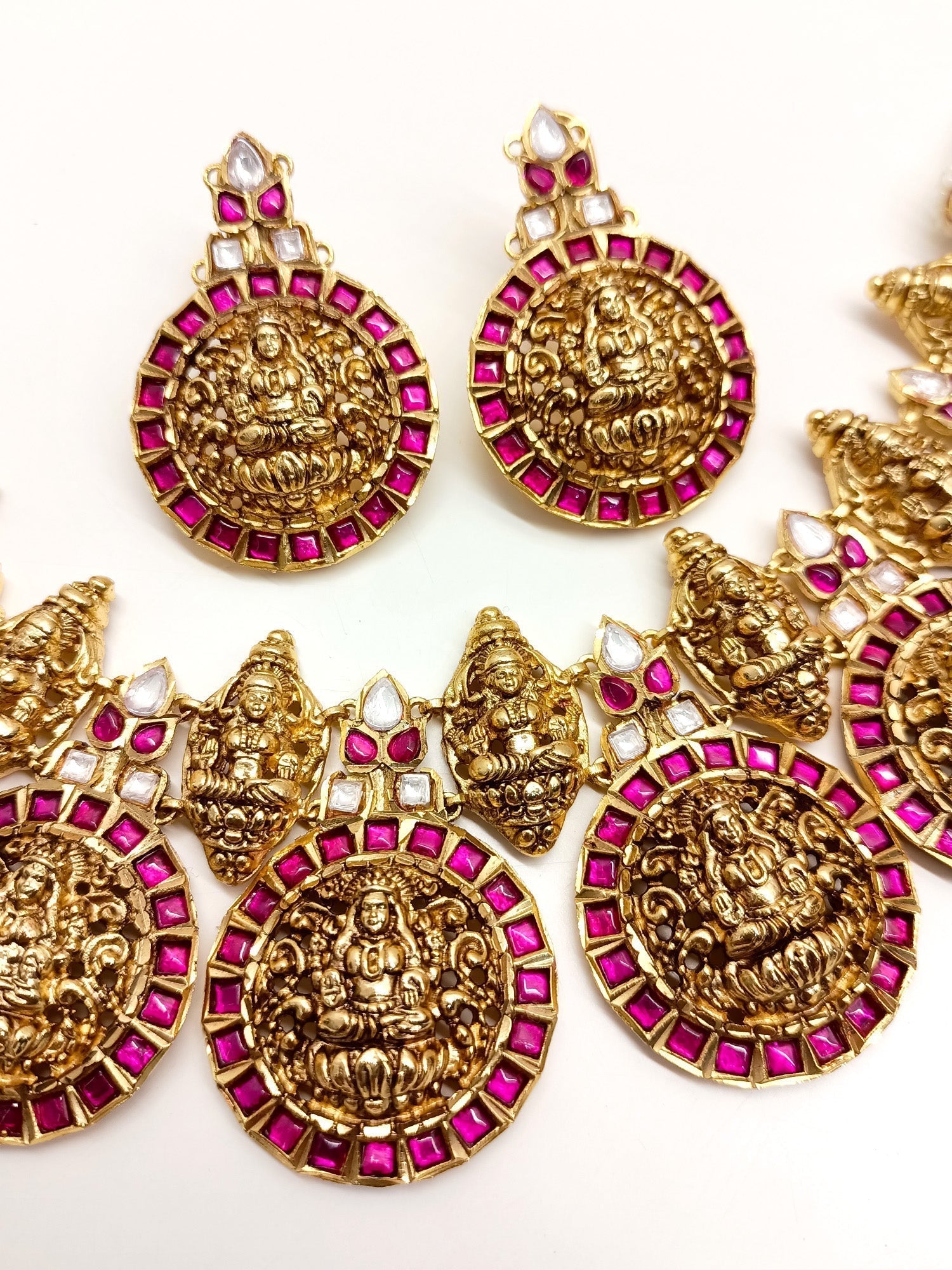 Traditional Seerat Majenta Antique Temple Necklace Set adorned with temple motifs