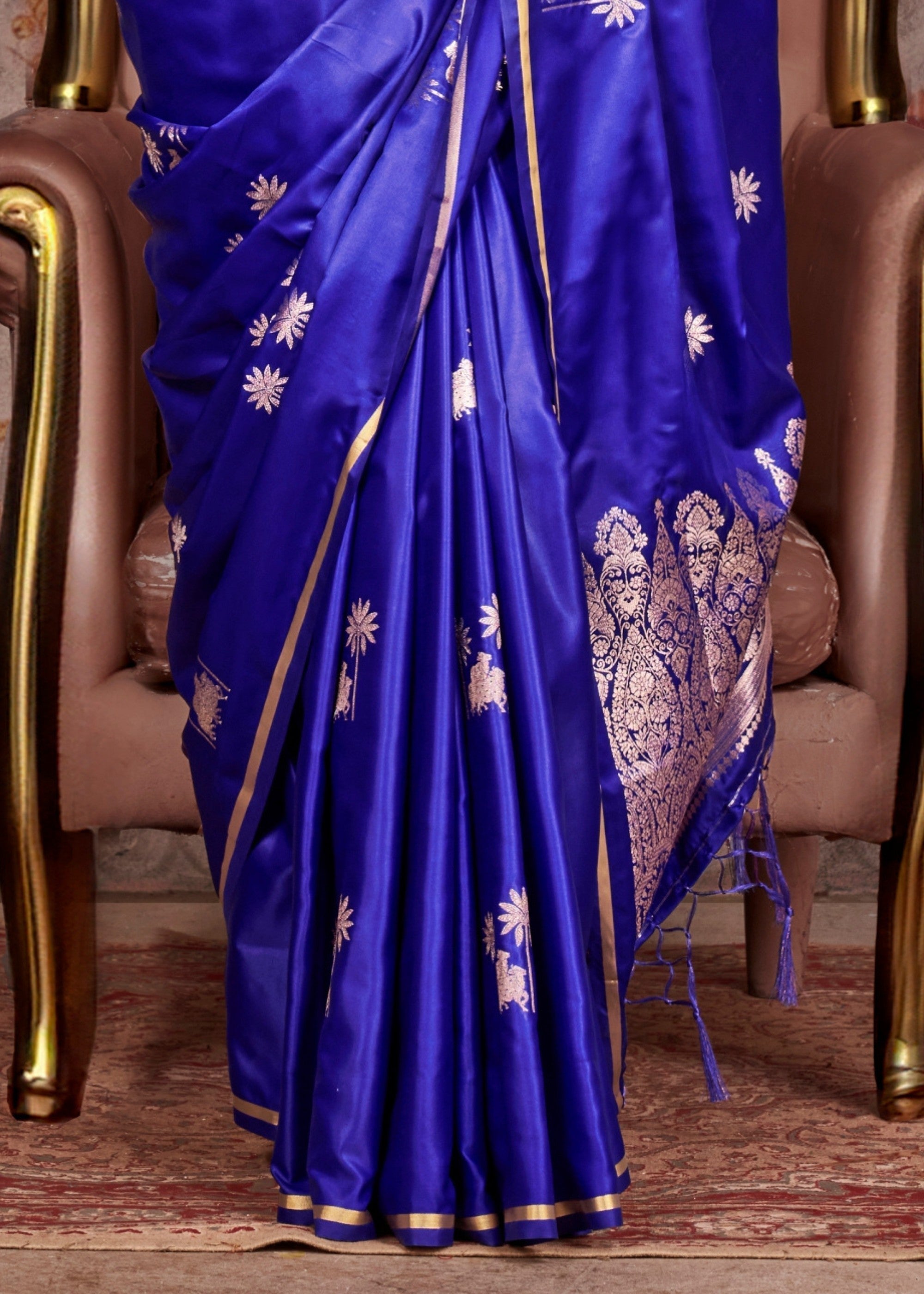 Blue Pure Satin Handloom Weaving Silk Saree - qivii