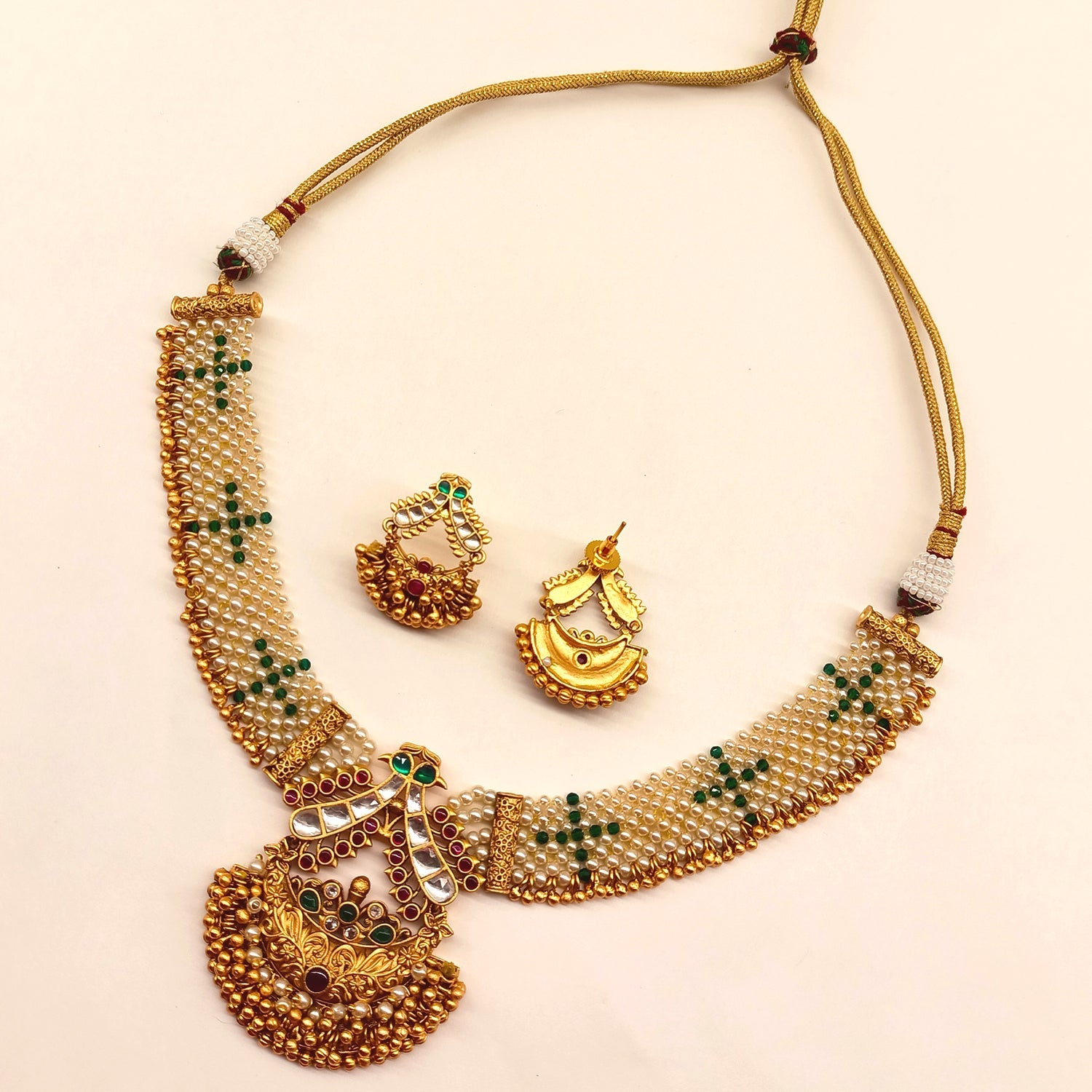 Adrika Rose Pink & Green Stone Temple Work Gold Plated Antique Set - qivii