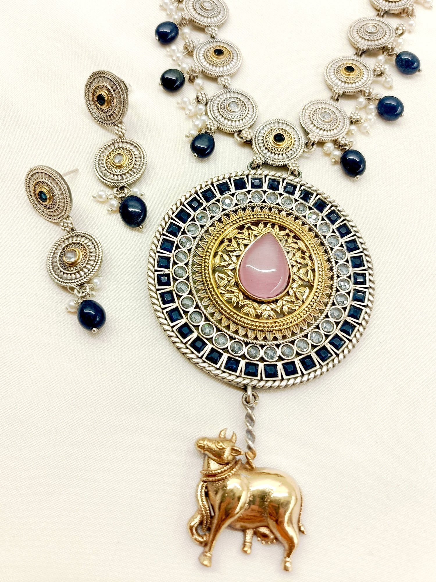 Kendall Pink Long Oxidized Necklace Set - qivii