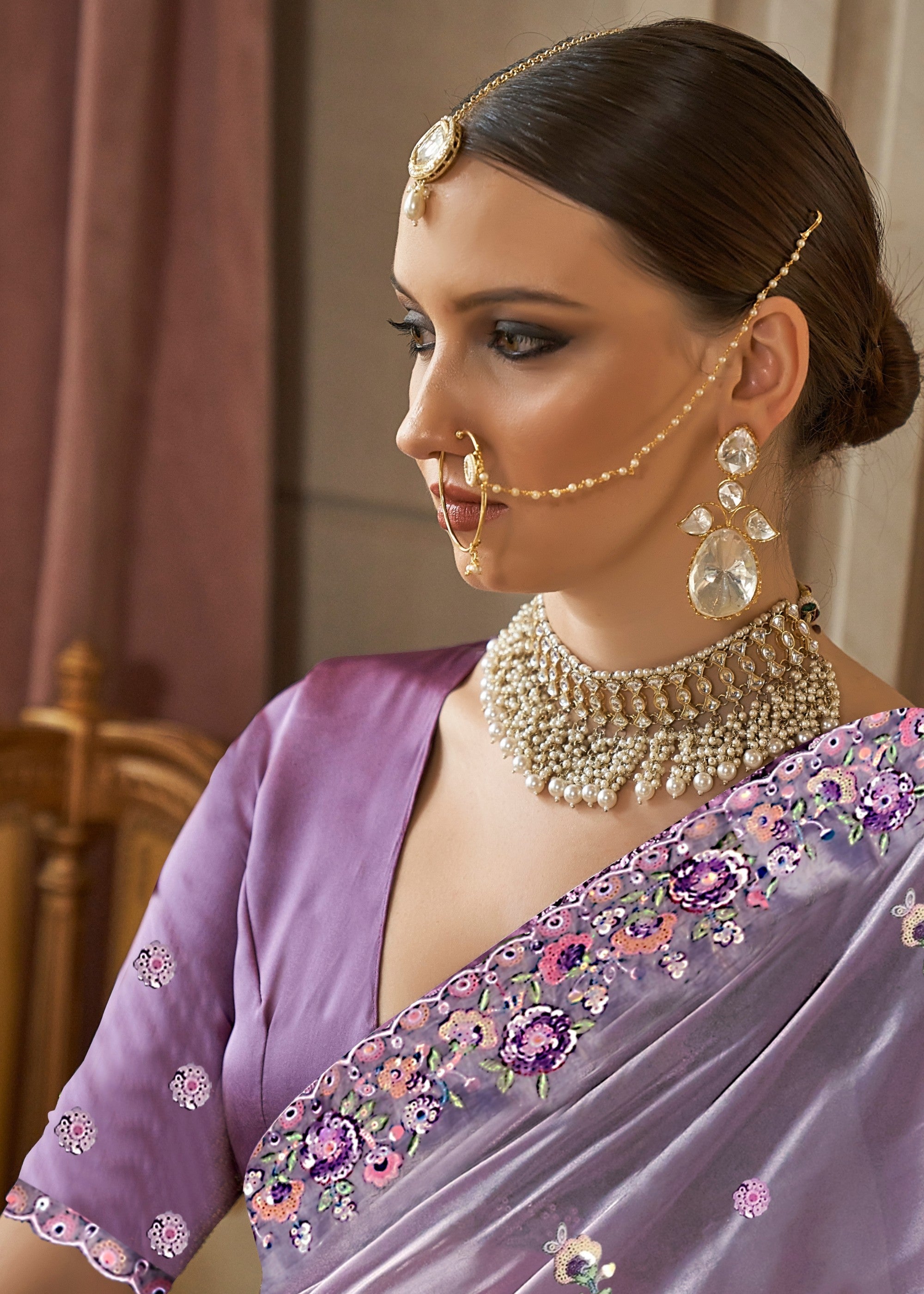 Wisteria Purple Fancy Tissue Saree With Unique Work And Designer Blouse - qivii
