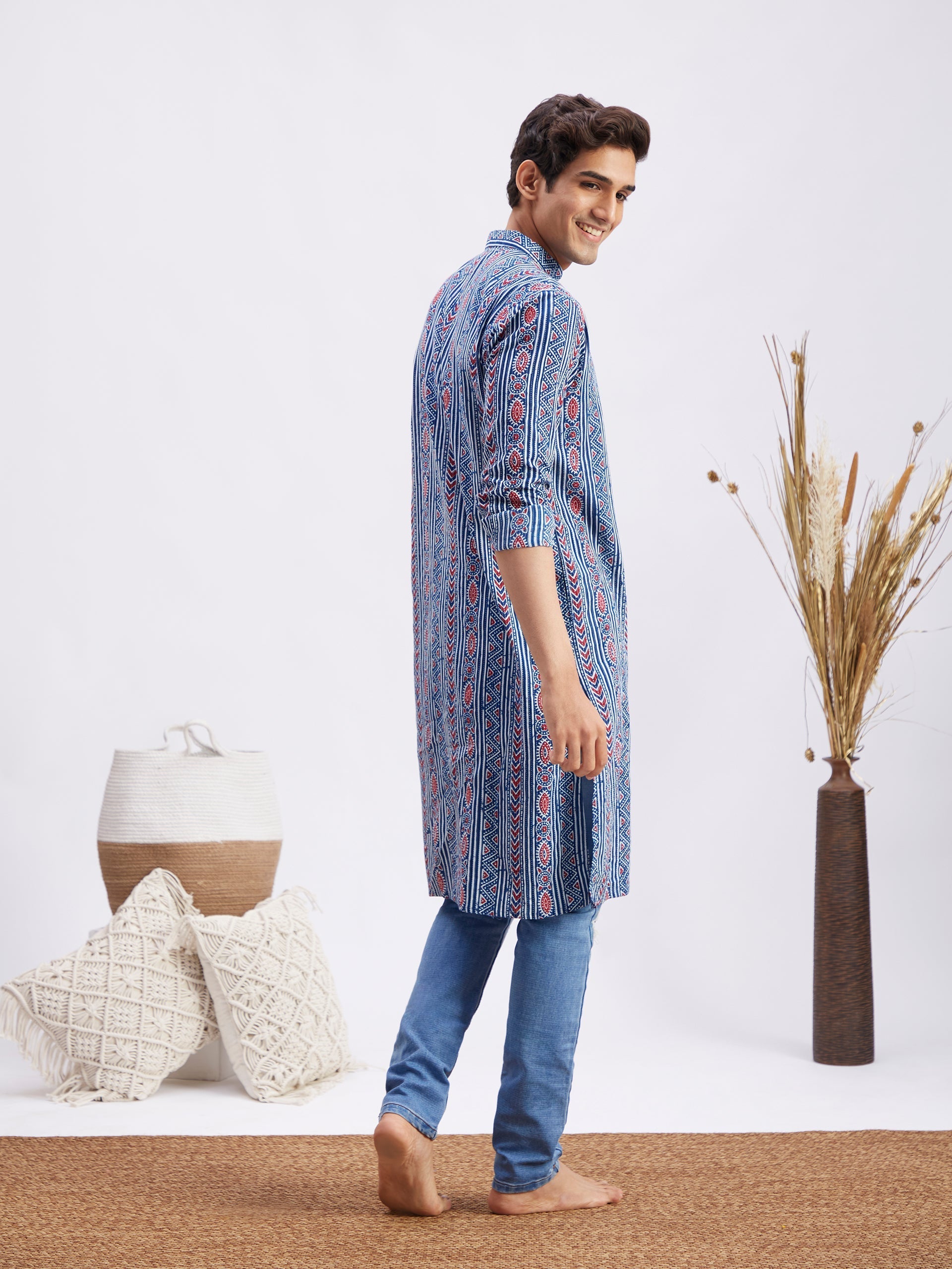 Men's Indigo Printed Cotton Kurta