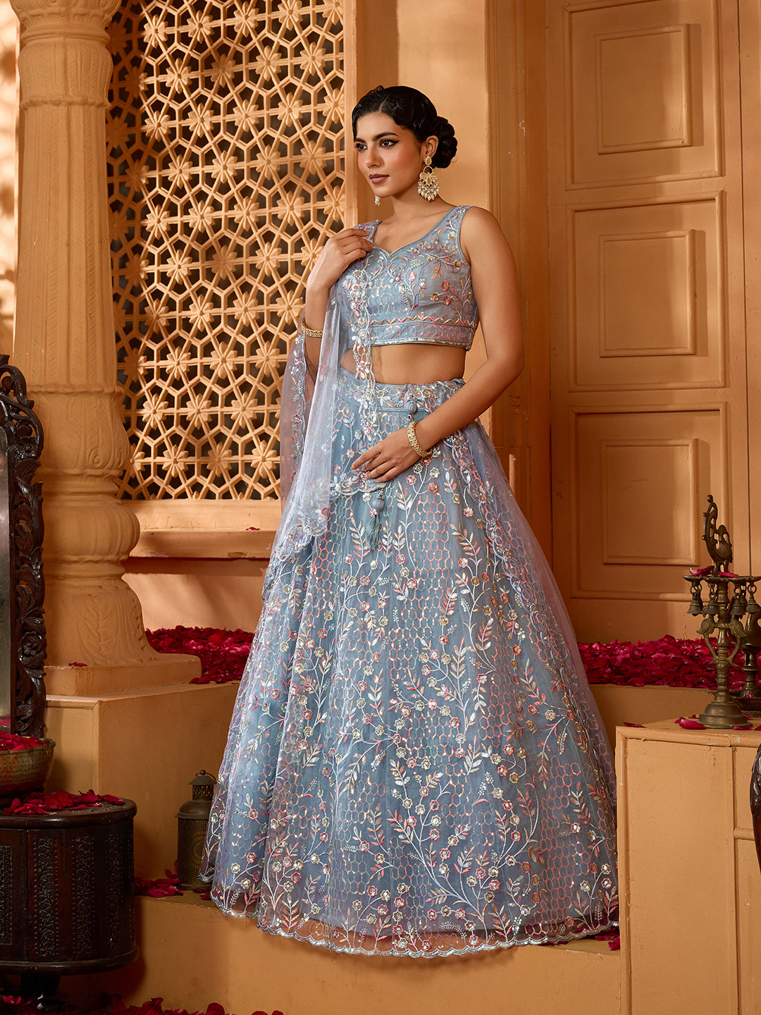 Grey- Net Fabric Sequins embroidery Semi-Stitched Lehenga & Unstitched Blouse With Dupatta - qivii