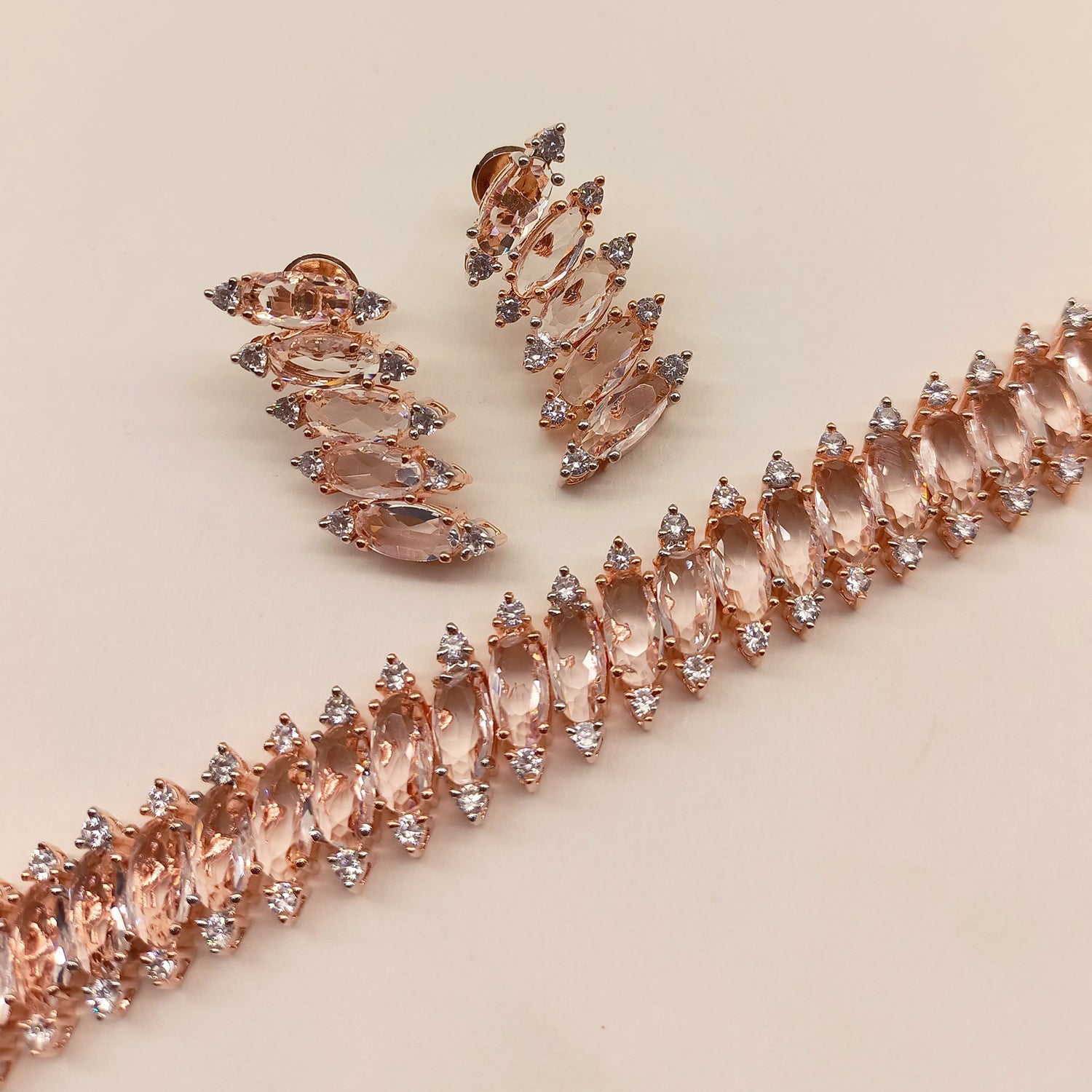 Saniya American Diamond Rose Gold Plated Necklace Set - qivii