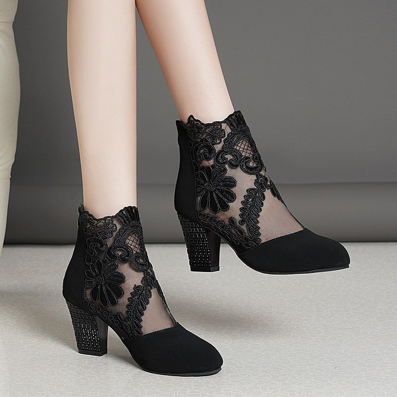 Women's Filigree Lace Heeled Sandal - Architectural Cutout Mesh Stilettos with Cushion & Extended Sizes (US 4-11)