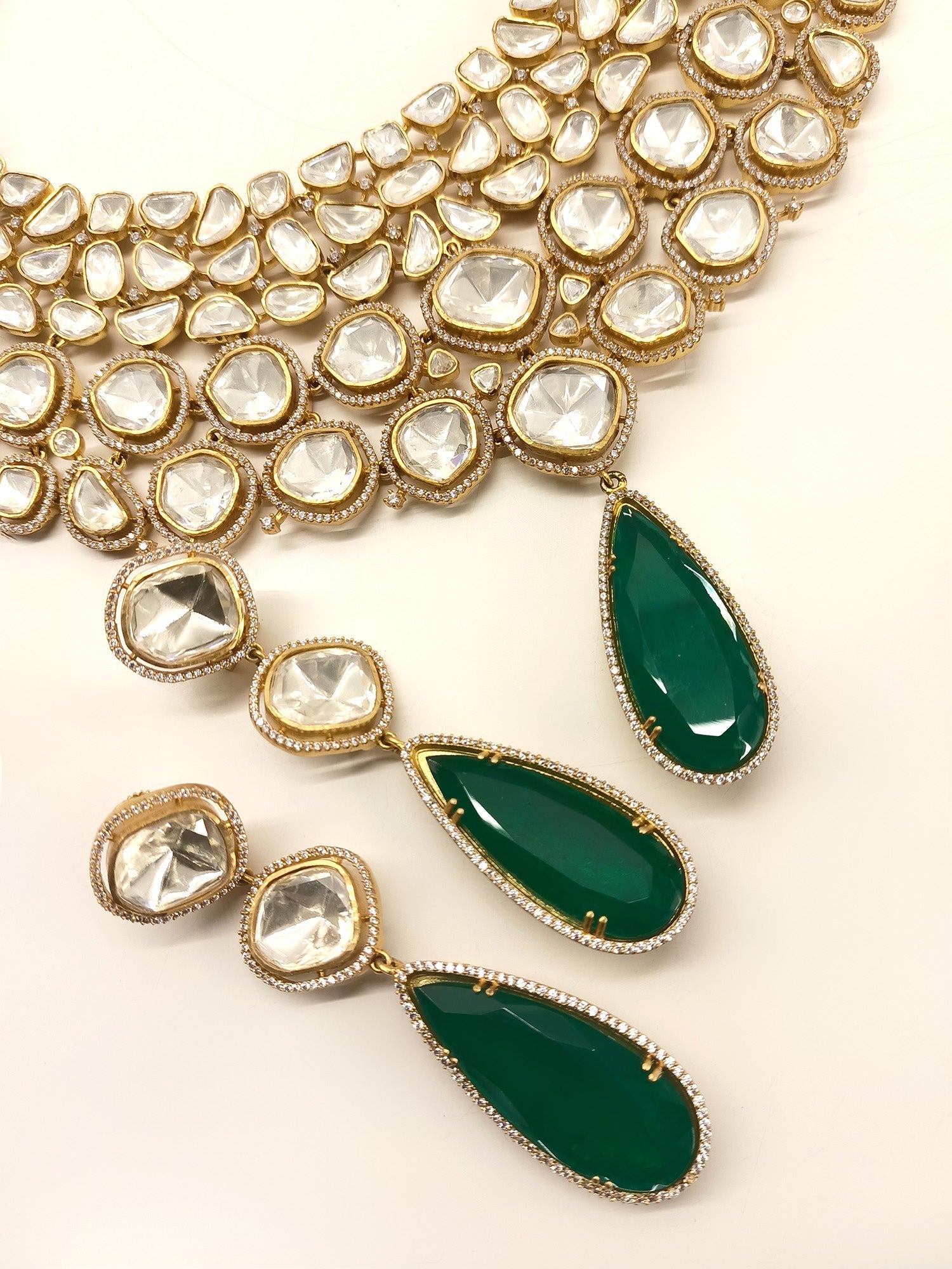 Nobita Emerald Kundan Polki Necklace Set - qivii