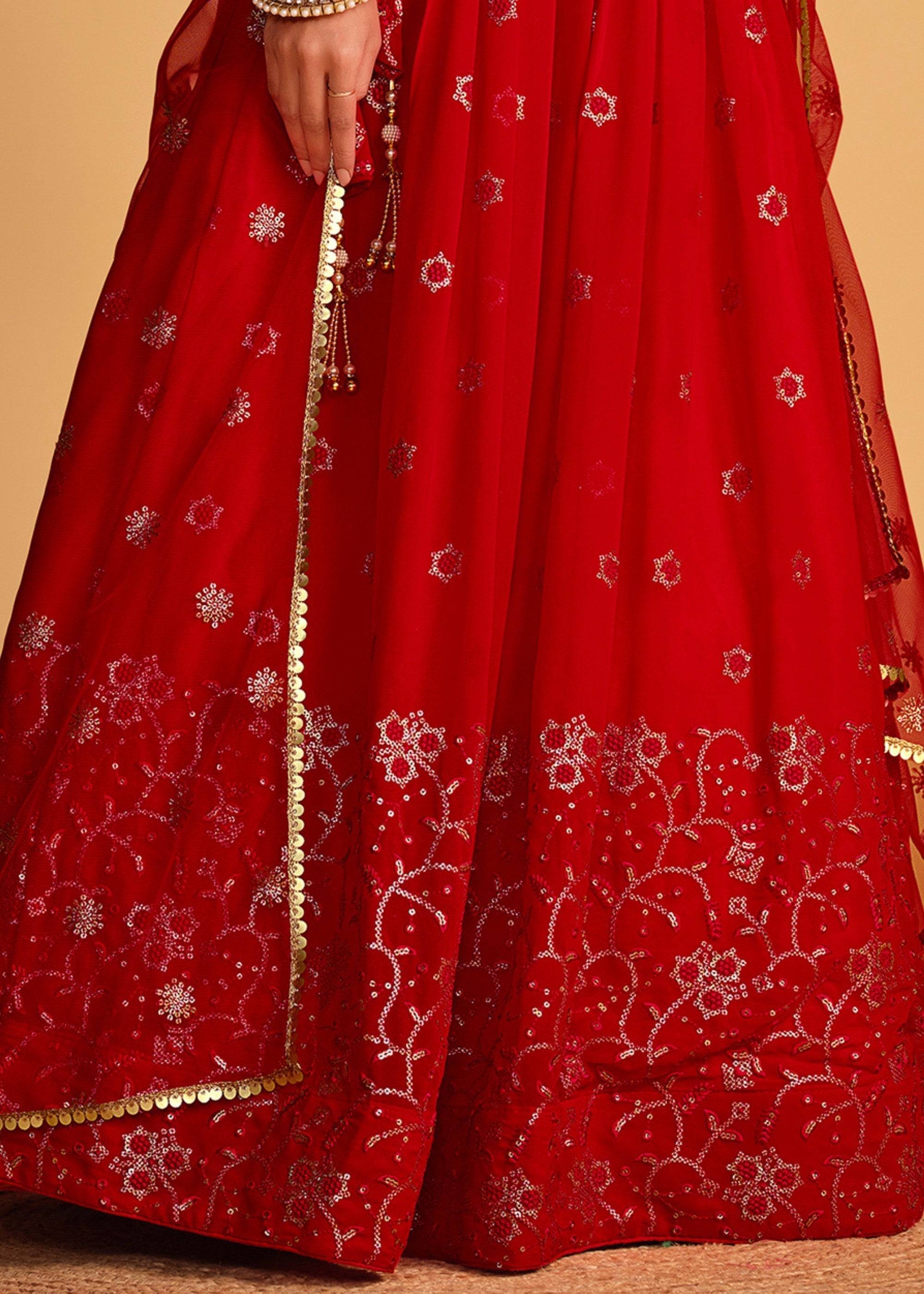 Crimson Red Georgette Lehenga Choli With Sequins Zari Embroidered Work | Ready To Wear - qivii
