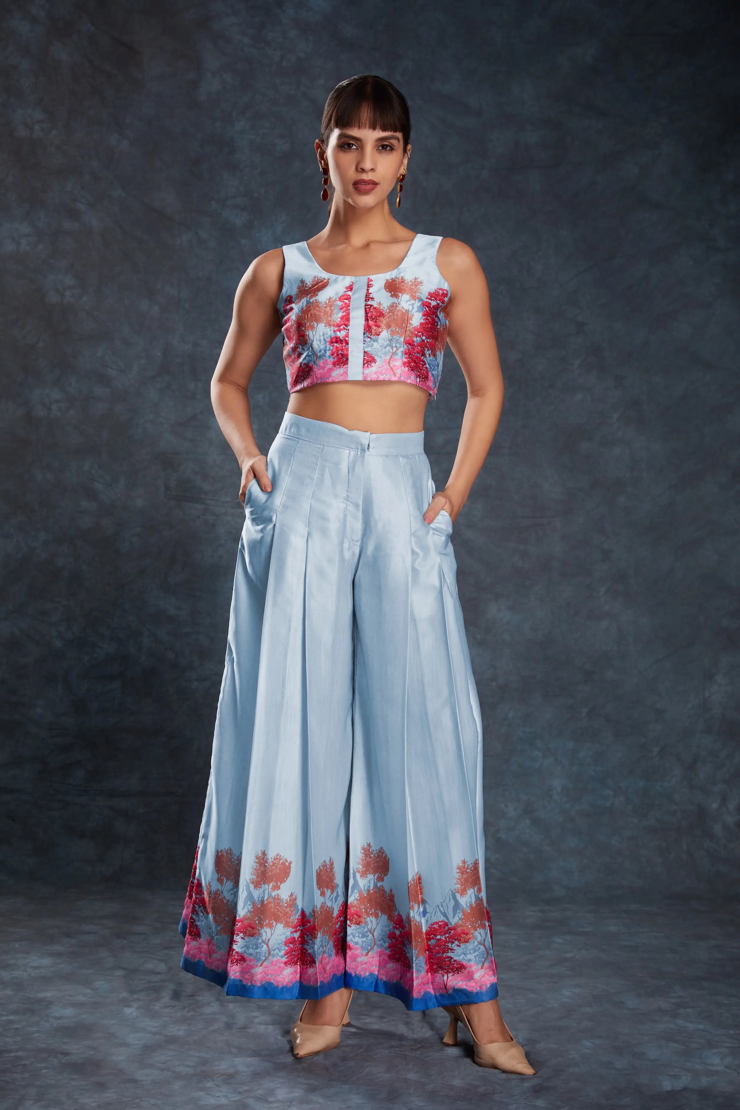Sky Blue Printed Satin Co-ord Set - qivii