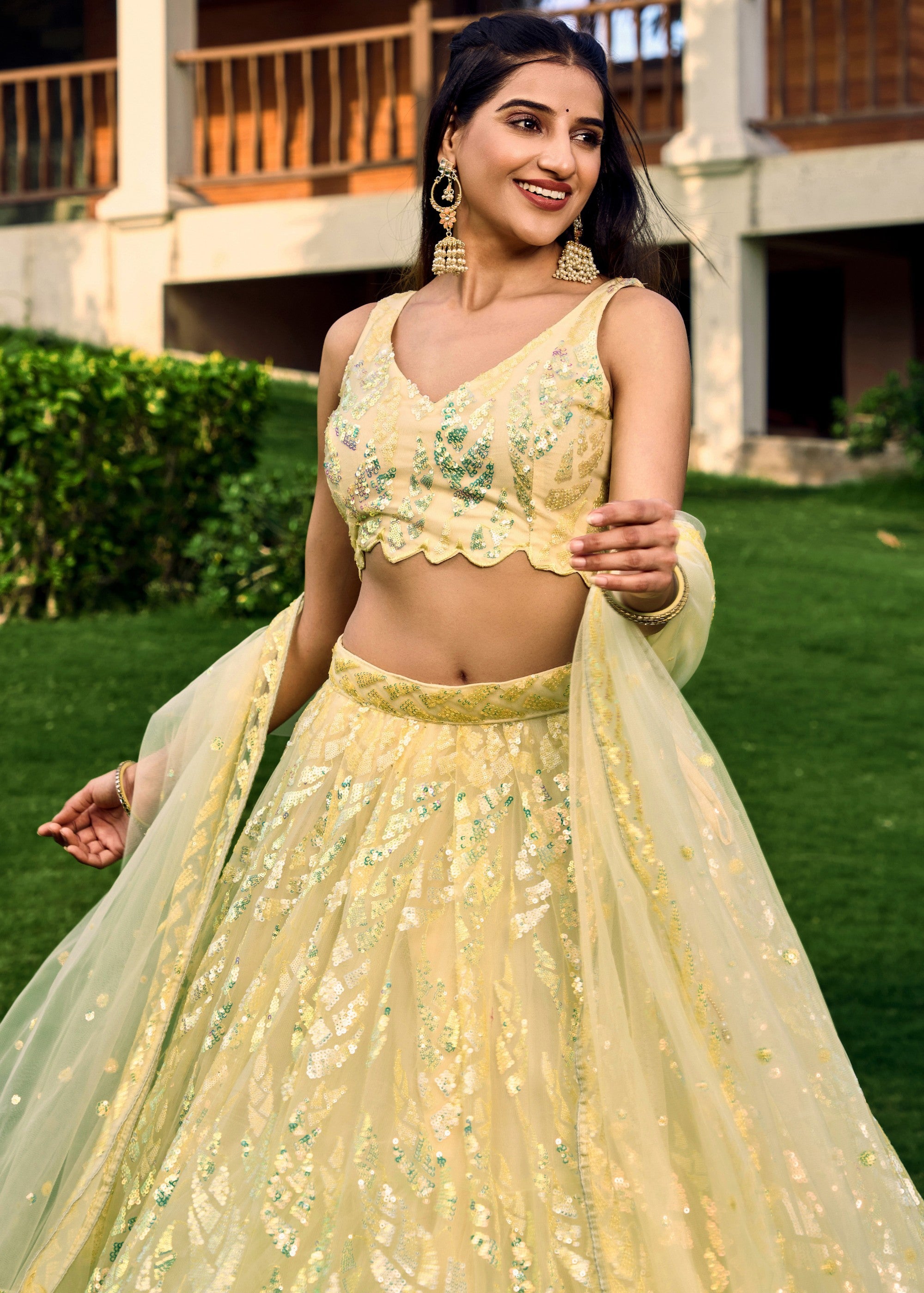 Pale Yellow Net Lehenga Choli With Multiple Sequins And Thread Embroidery Work | Ready To Wear - qivii