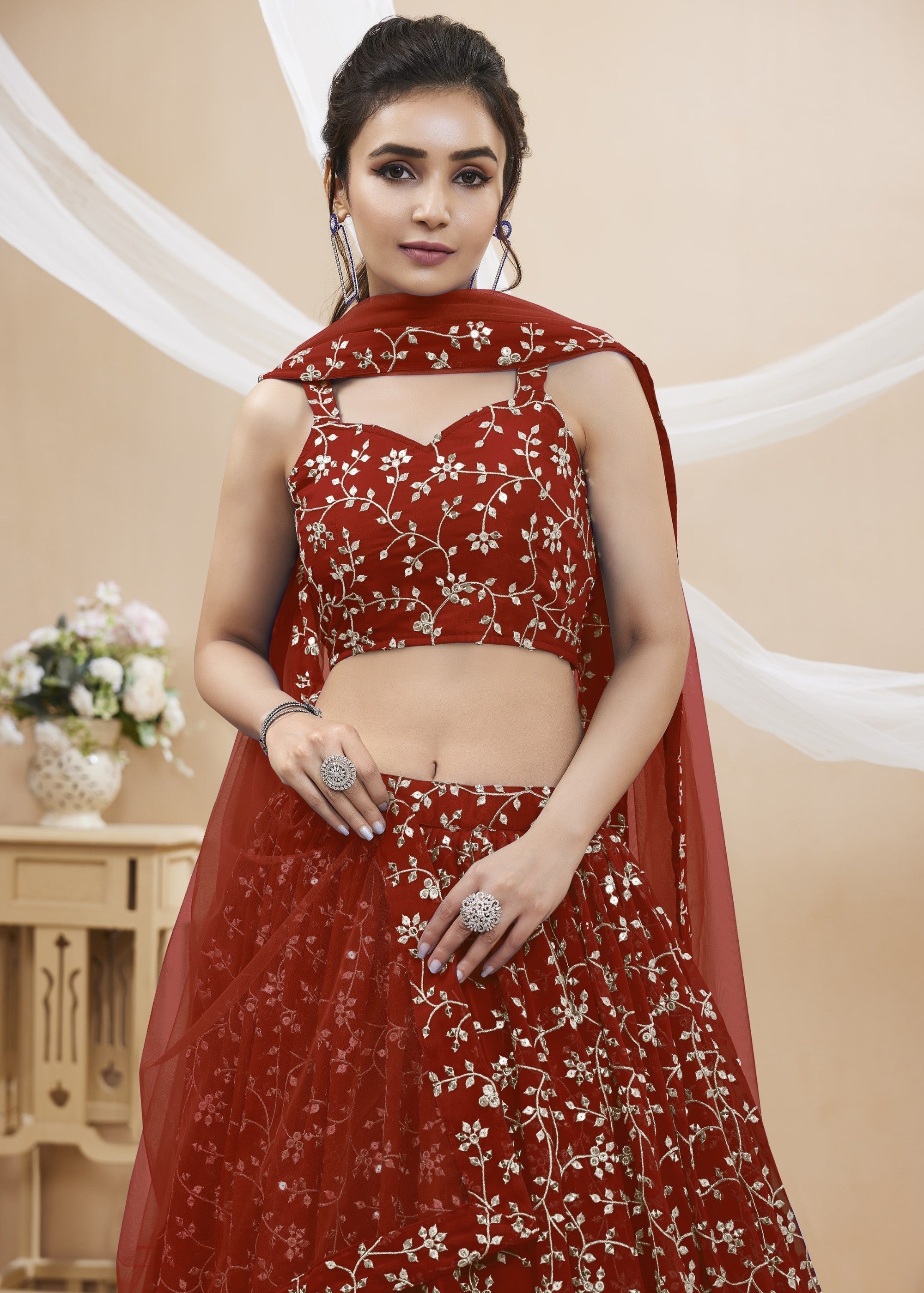 Maroon Red Georgette Lehenga Choli With Sequins Zari Embroidered Work | Ready To Wear - qivii