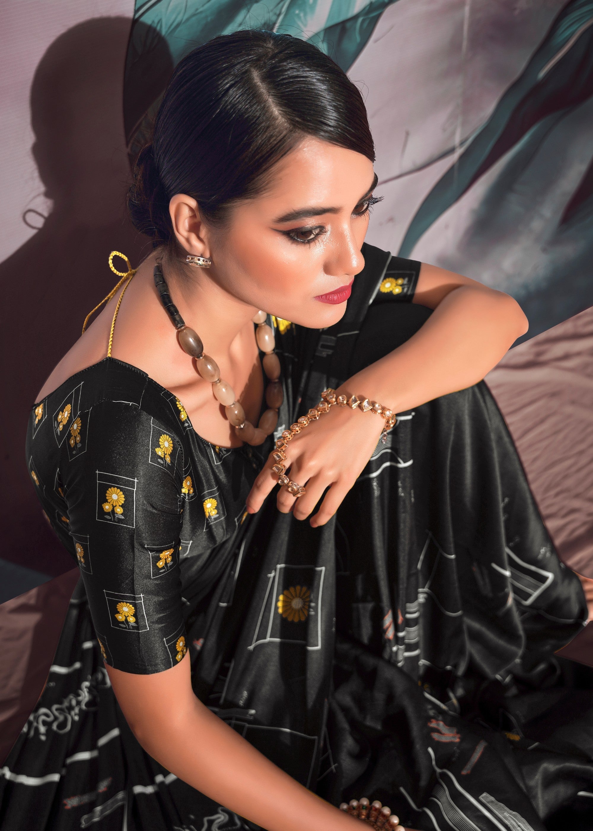 Winter Black Satin Crepe With Digital print - qivii