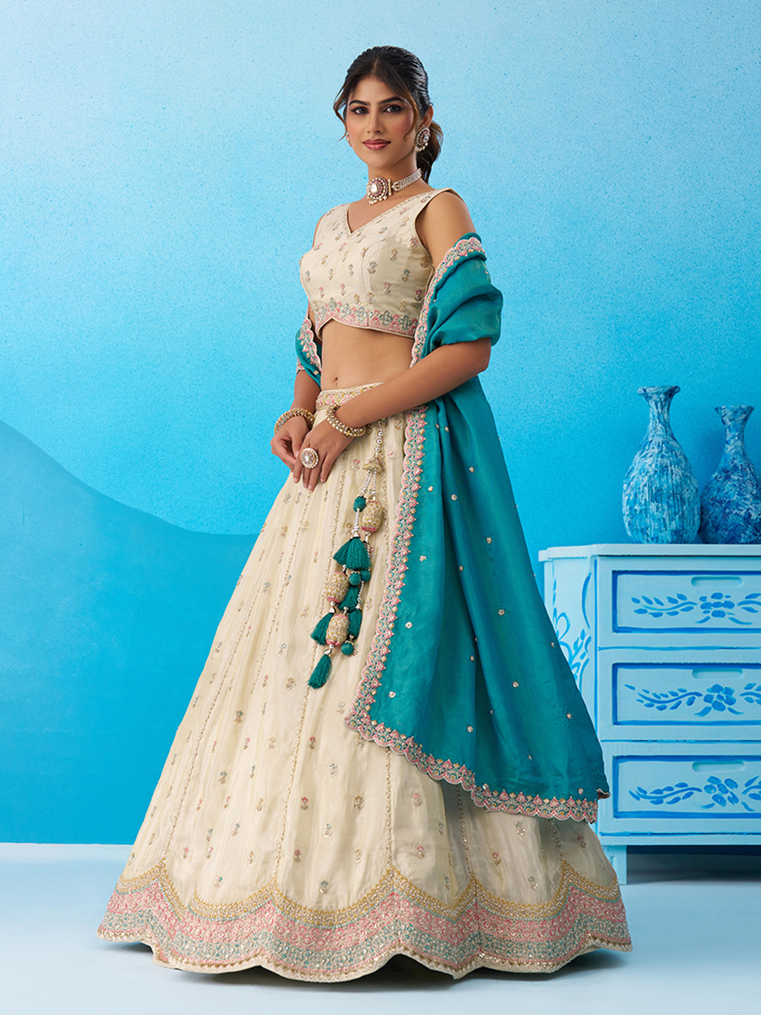 Teal Tissue Sequins Embroidered Lehenga Set