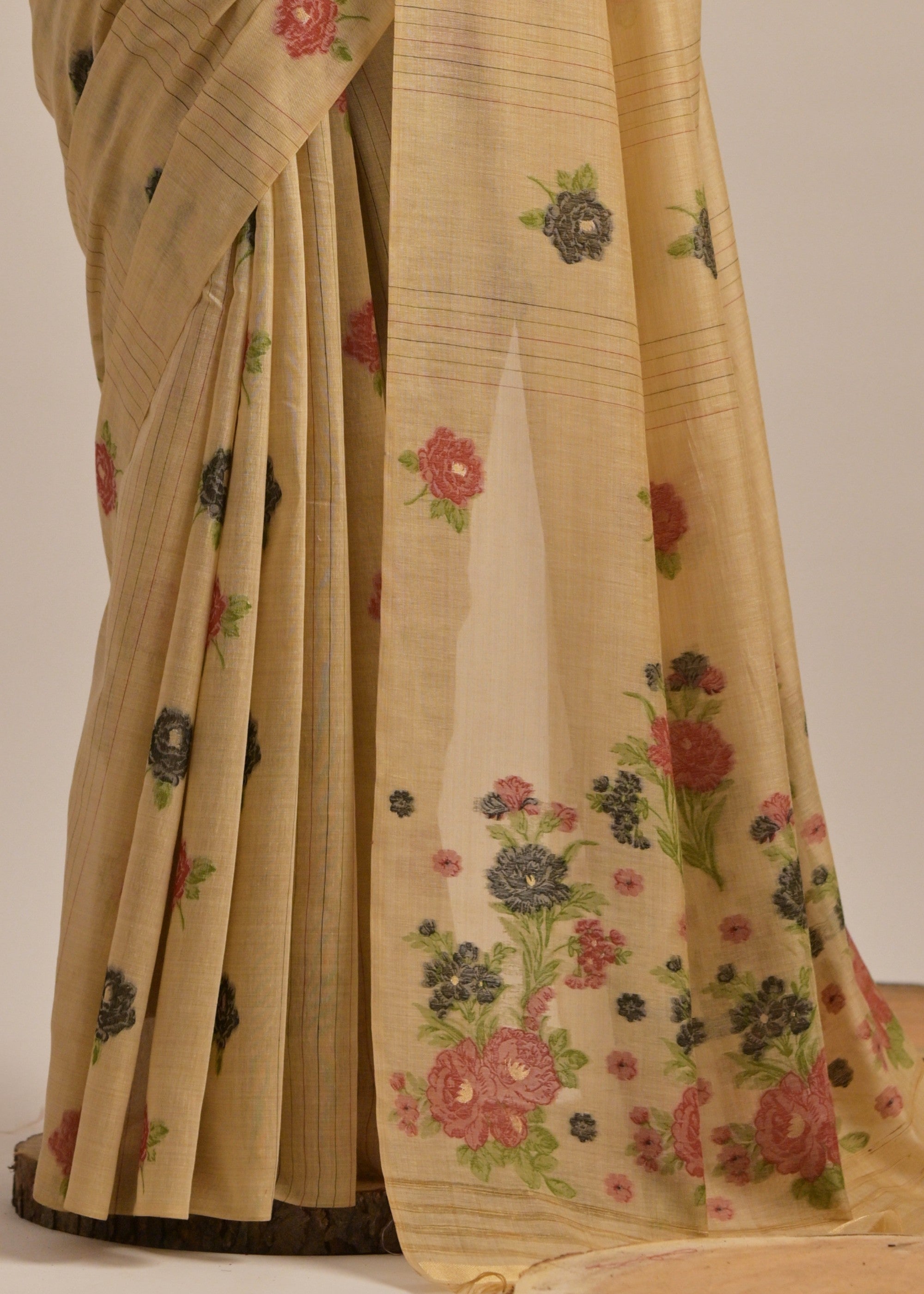 Pale Brown Thread Woven Cotton Saree With Contrast Blouse - qivii