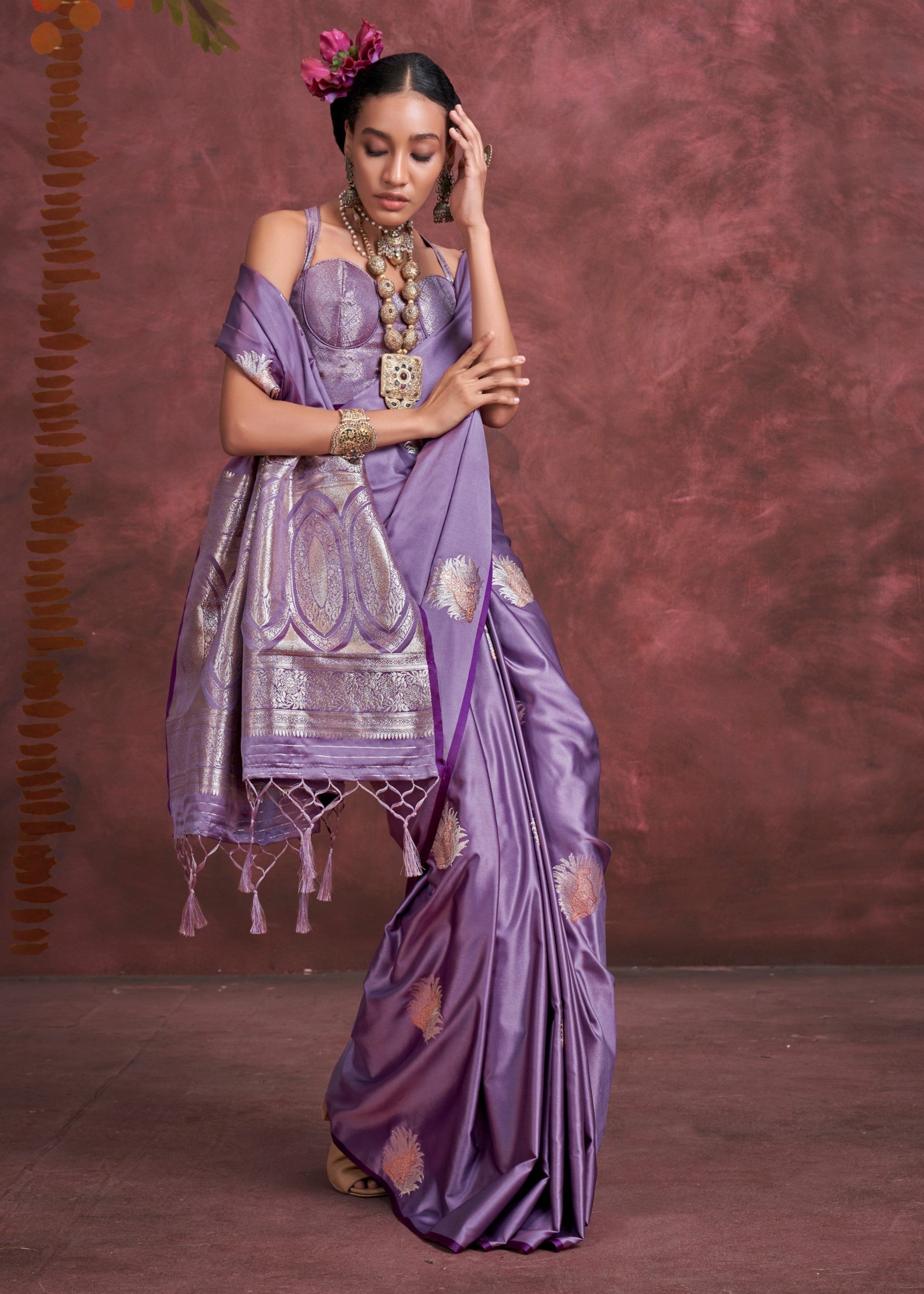 Sunset Purple Handloom Weaving Satin - Banarasi Zari Saree - qivii