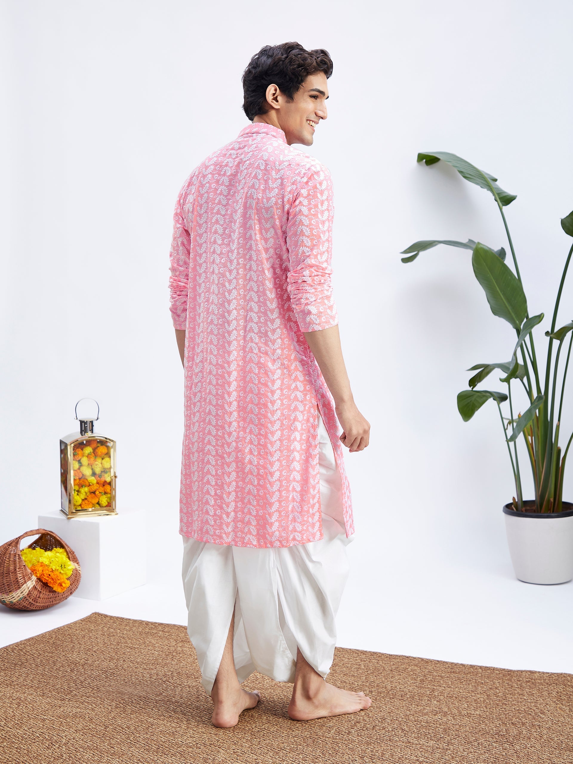 Men's Pink Pure Cotton Chikankari Kurta With Dhoti Set