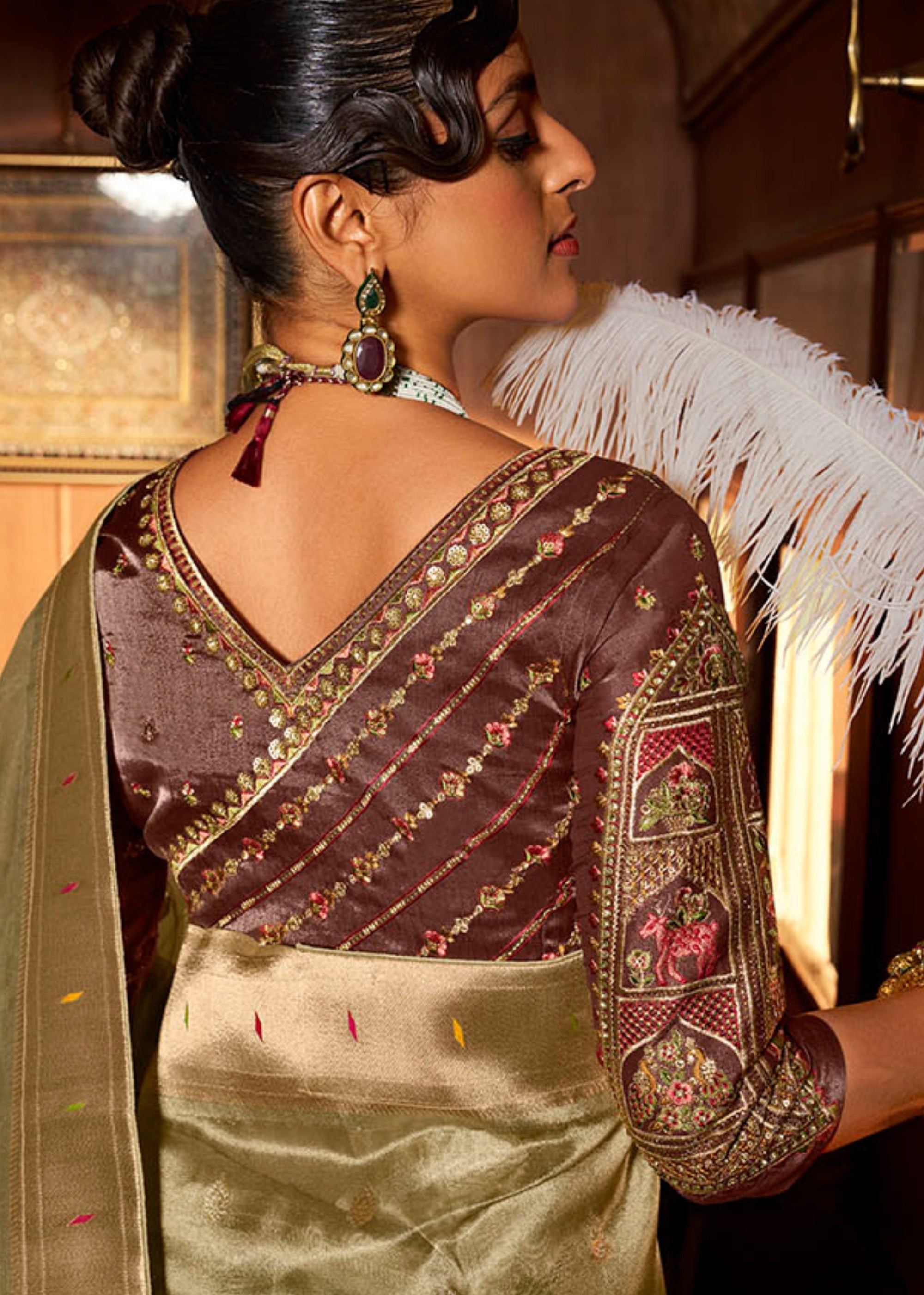 Basil Green Pure Tissue Paithani Silk Saree with Heavy Designer Embroidered Blouse - qivii