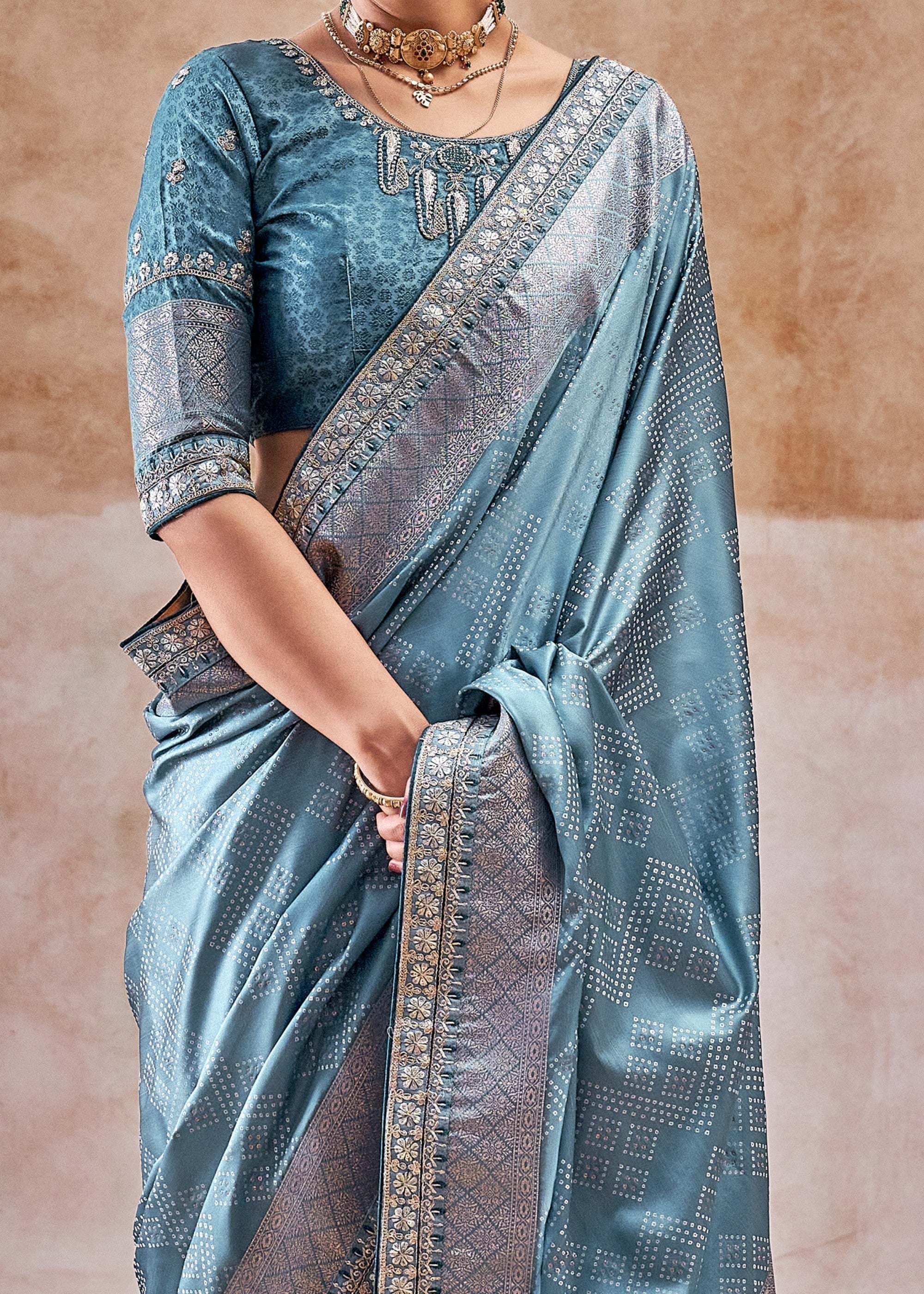 French Blue Satin Silk Saree With Heavy Embroidery Lace & Blouse - qivii