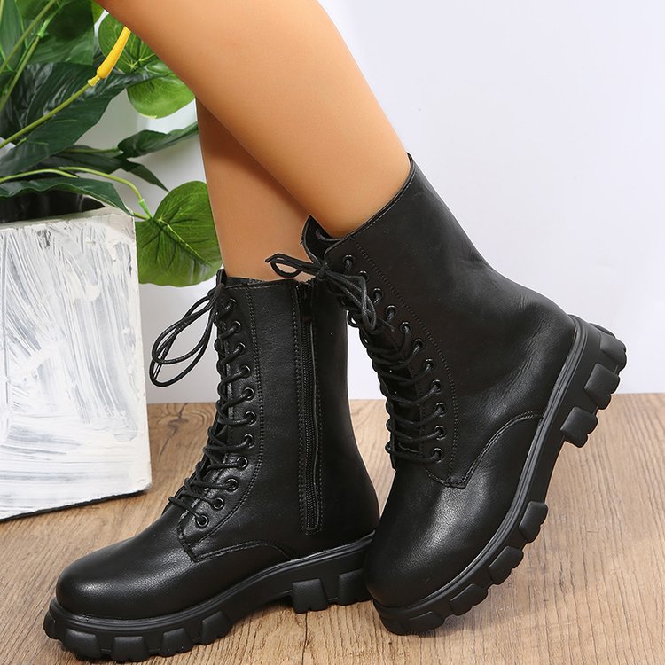 Chunky Platform Combat Boots - Lace-Up Mid Calf Boots with Side Zipper & Elastic Gore (US 4-10.5)