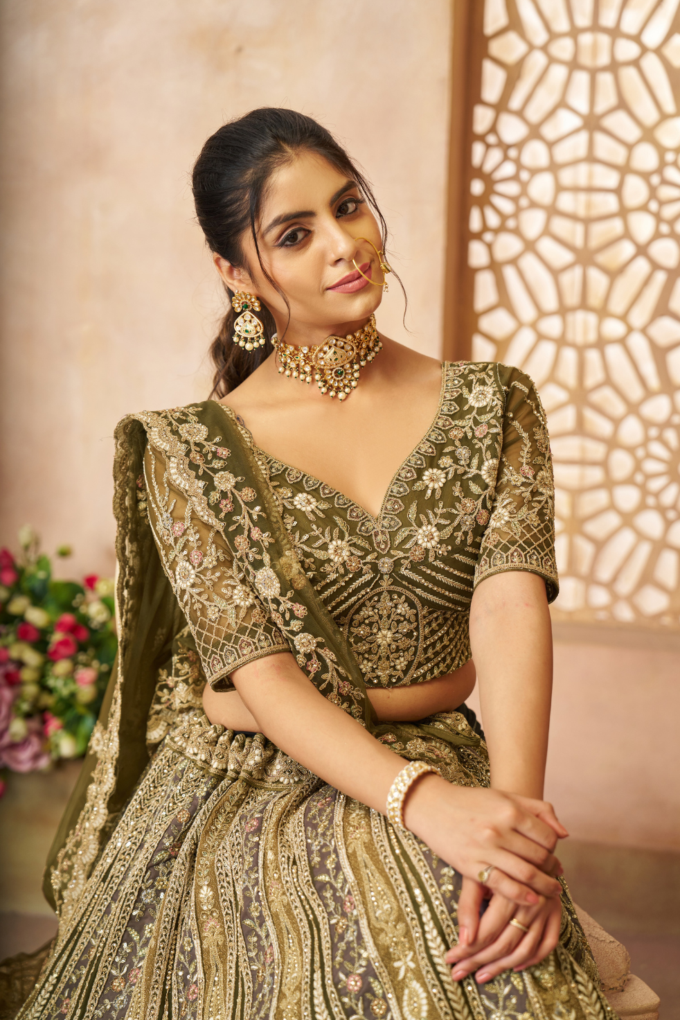 Grandeur Green Bridal Lehenga with Intricate Details - qivii