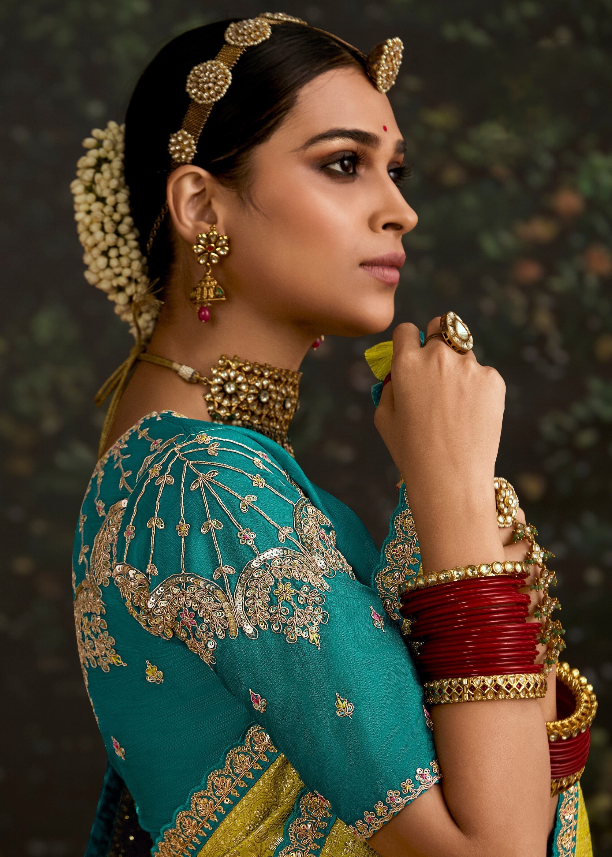 Lime-Yellow and Turquoise Viscose silk Saree with Zari work - qivii