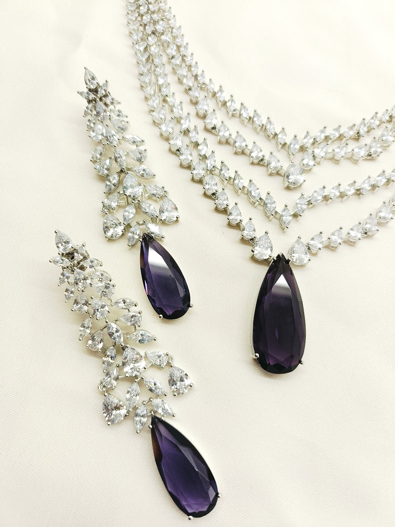 Ajweta Purple American Diamond Necklace Set - qivii